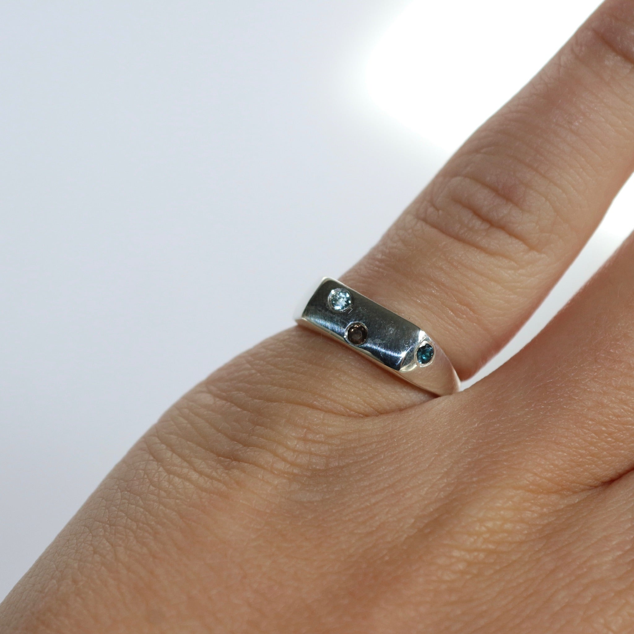 Blume-Jewellery-Winter-Signet-Ring-Sterling-Silver-Pinky-Gemstone-Stone-Ring-Blue-Brown-Blue-Topaz-Aquamarine-Smokey-Quartz-Cool-Rectangle-Handmade-UK
