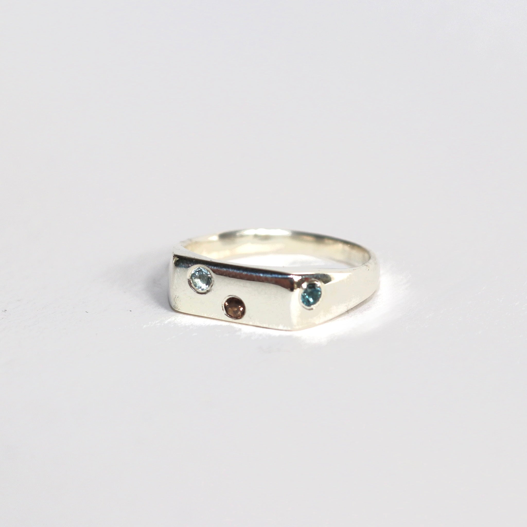 Blume-Jewellery-Winter-Signet-Ring-Sterling-Silver-Pinky-Gemstone-Stone-Ring-Blue-Brown-Blue-Topaz-Aquamarine-Smokey-Quartz-Cool-Rectangle-Handmade-UK