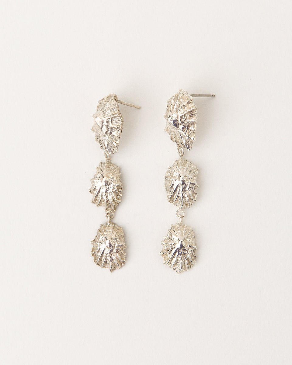 Carolina-De-Barros-statement-CONCHA-EARRINGS-Shell-Triple-Drop-Beach-Summer-Holiday-Jewellery-Textured-Seashell-organic-forms-demifine-gold-plater-sterling-silver