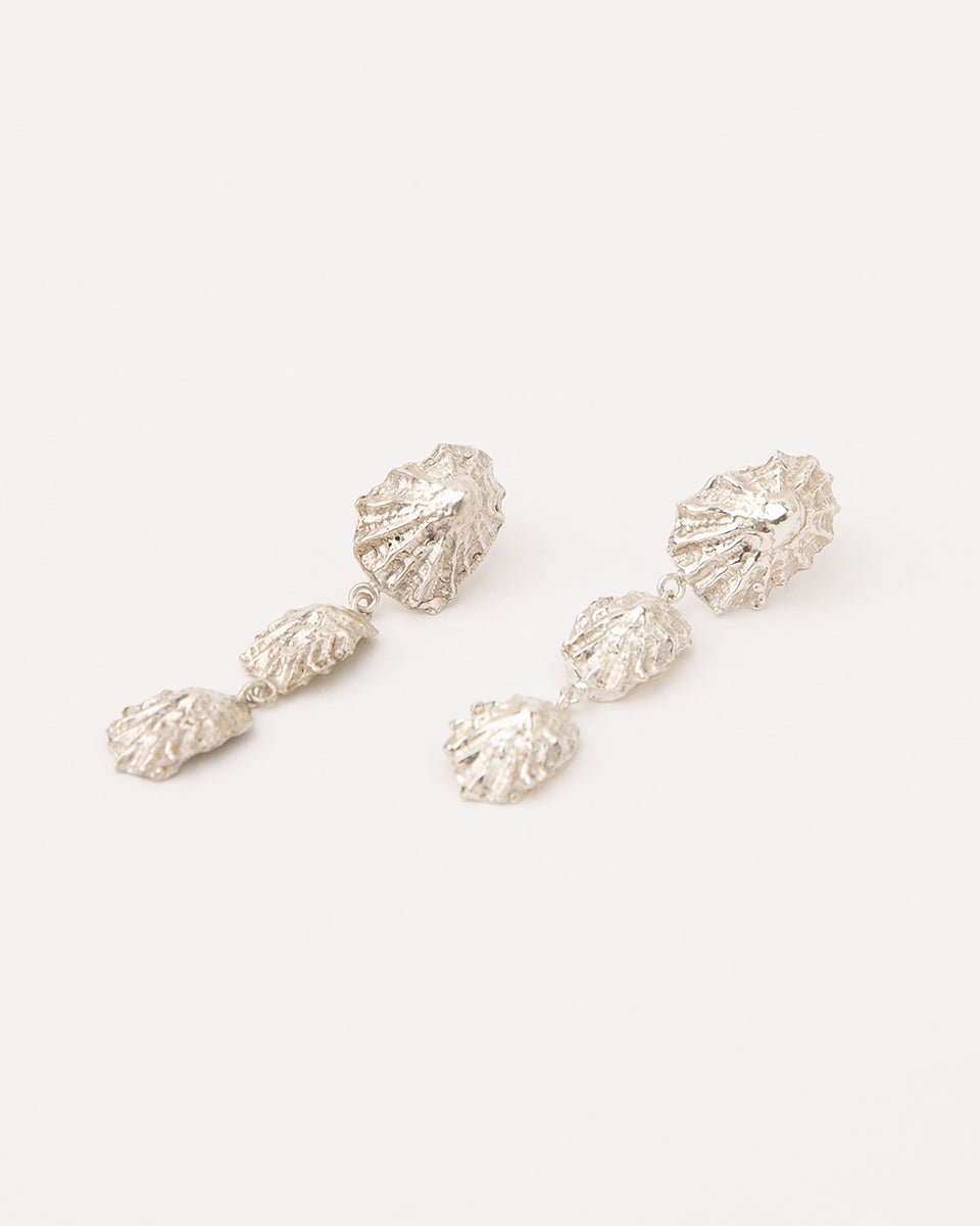 Carolina-De-Barros-statement-CONCHA-EARRINGS-Shell-Triple-Drop-Beach-Summer-Holiday-Jewellery-Textured-Seashell-organic-forms-demifine-gold-plater-sterling-silver