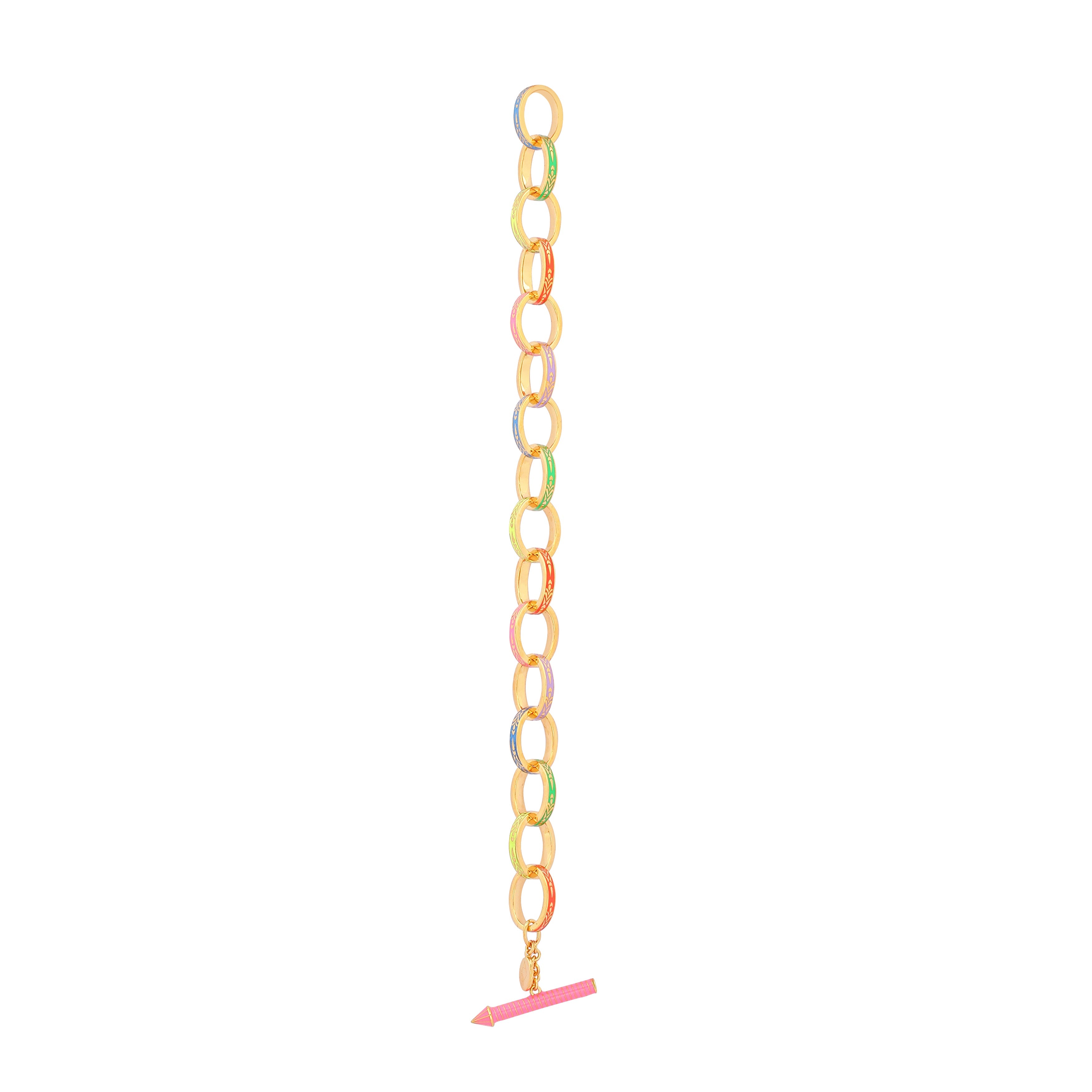 image of firework gold chain bracelet with multi-coloured enamel straight full length from above on white background