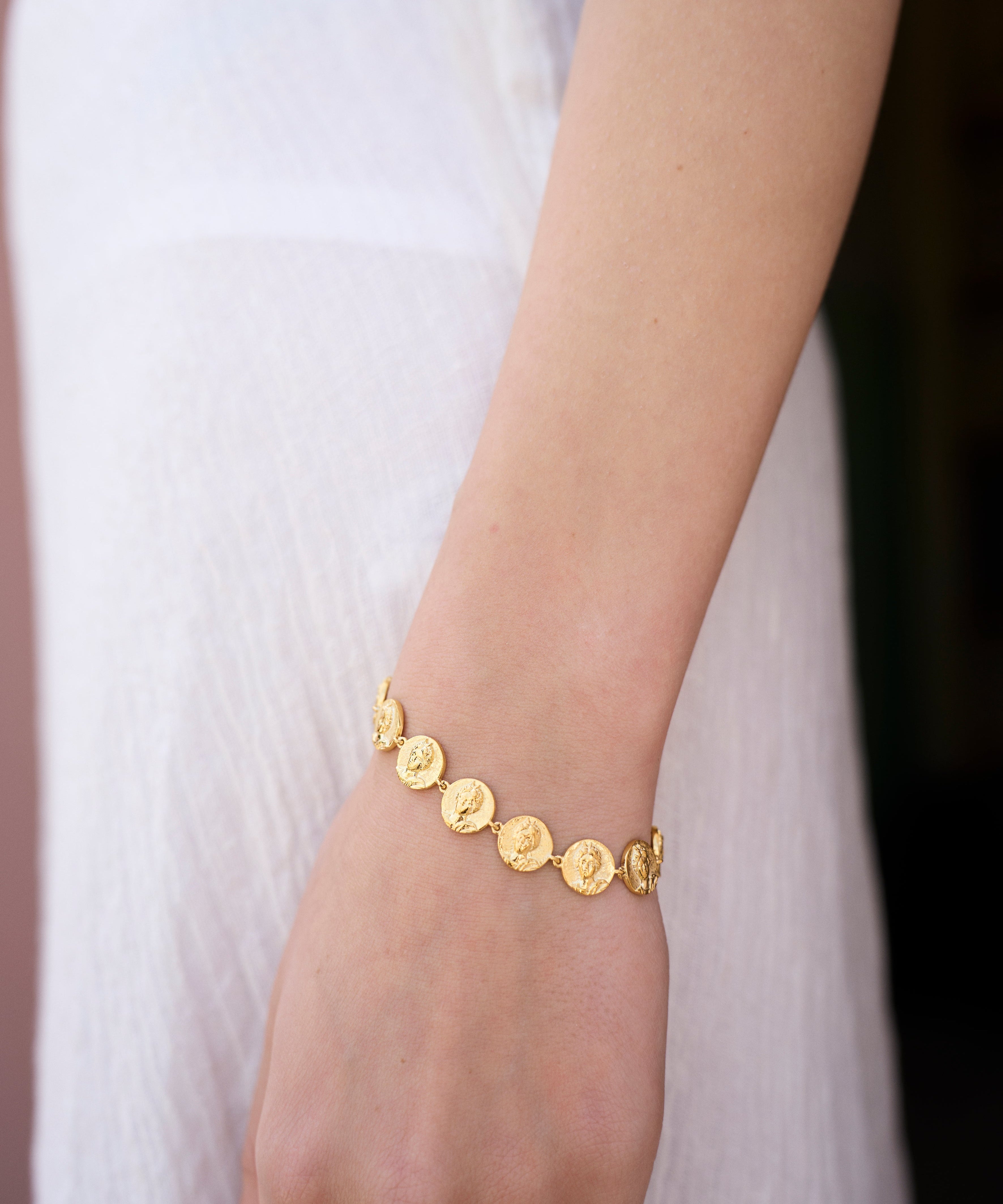 Feggeri-Selene-Anicent-Greek-Coin-Vintage-Inspired-Charm-Bracelet-Gold-Vermeil-Summer-Jewellery-Wrist-Stacking