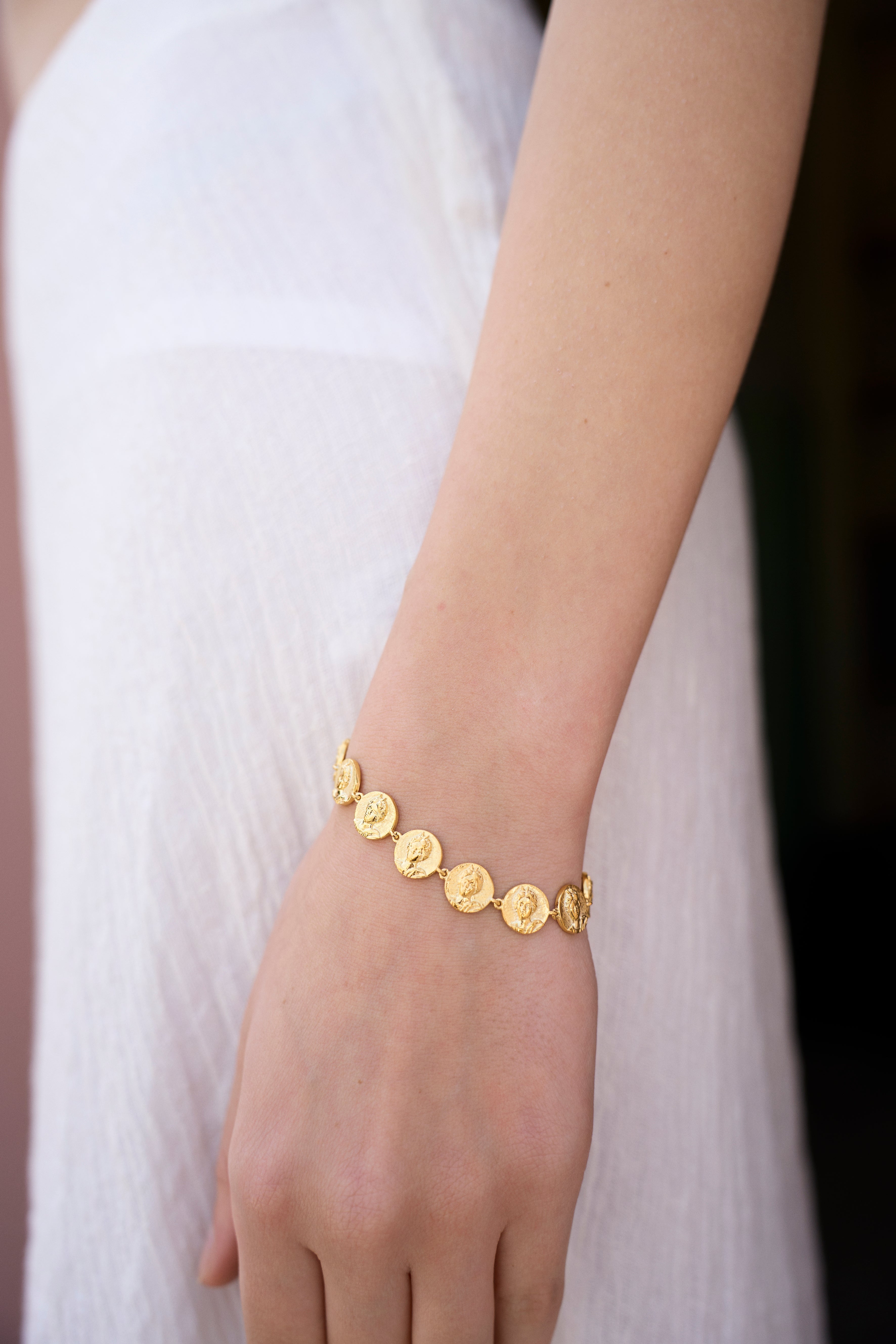 Feggeri-Selene-Anicent-Greek-Coin-Vintage-Inspired-Charm-Bracelet-Gold-Vermeil-Summer-Jewellery-Wrist-Stacking