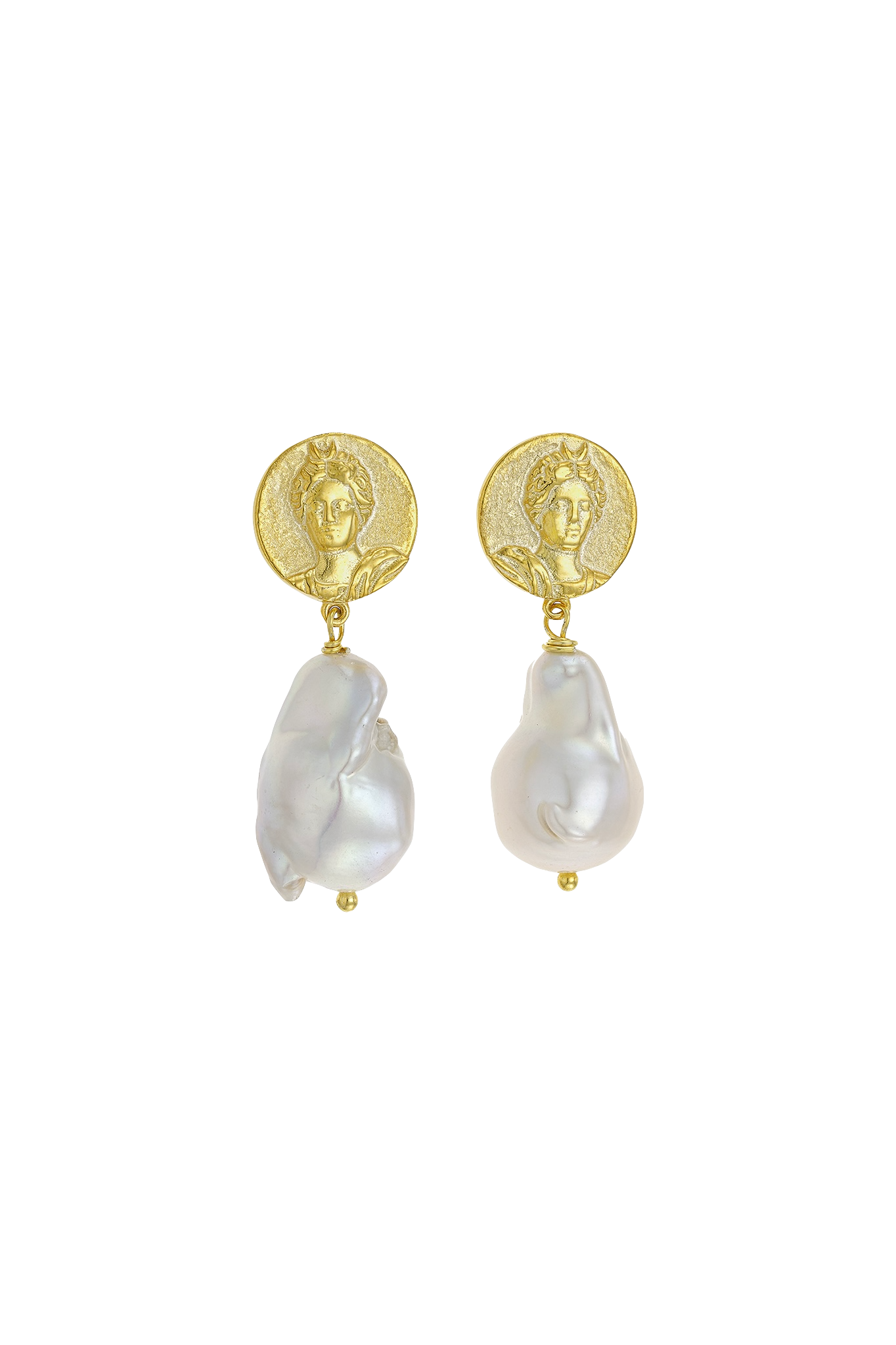 Feggeri-Selene-Earrings-Gold-Vermeil-Baroque-Pearl-Ancient-Vintage-Coin-Summer-Inspired-Ancient-Greece-Jewellery-Drop-Earrings