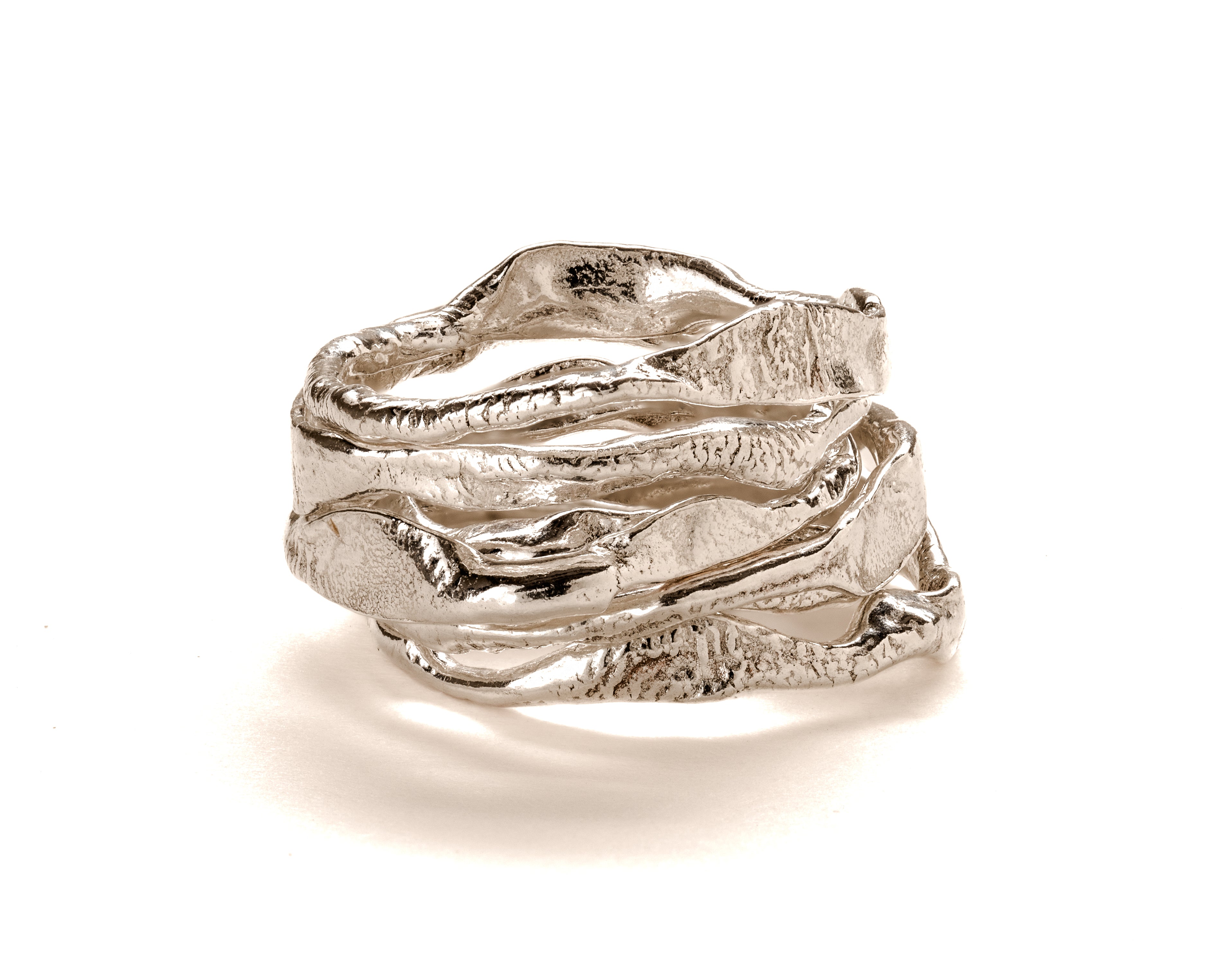 Frances-Kirk-Molten-stacking-rings-9-carat-gold-ring-set-textured-molten-bands-sterling-Silver