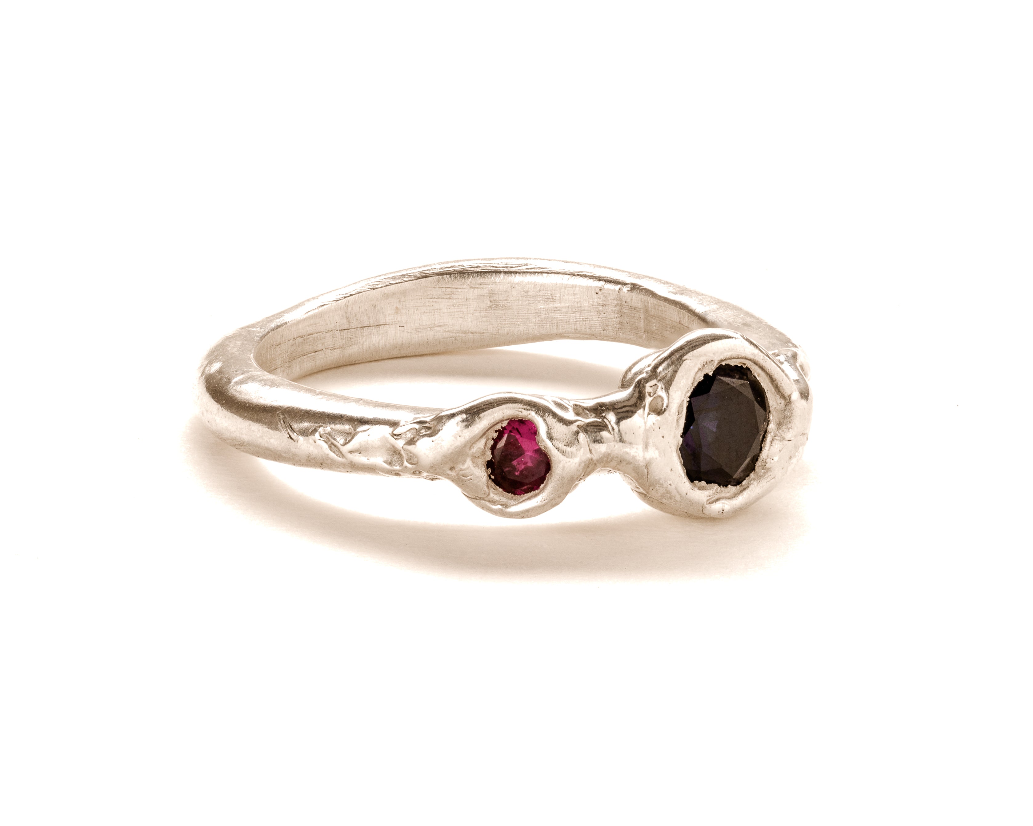 Frances-Kirk-Two-Gemstone-Molten-Textured-Ring-Sterling-Silver-9-Carat-Gold-18-Carat-Gold-Vermeil-embellished-gemstone-Lab-sapphire-Lab-Ruby-Lab-Alexandrite-Cubic-Zirconia-Diamond-Textured-Band-Stacking-Meaning-Rings