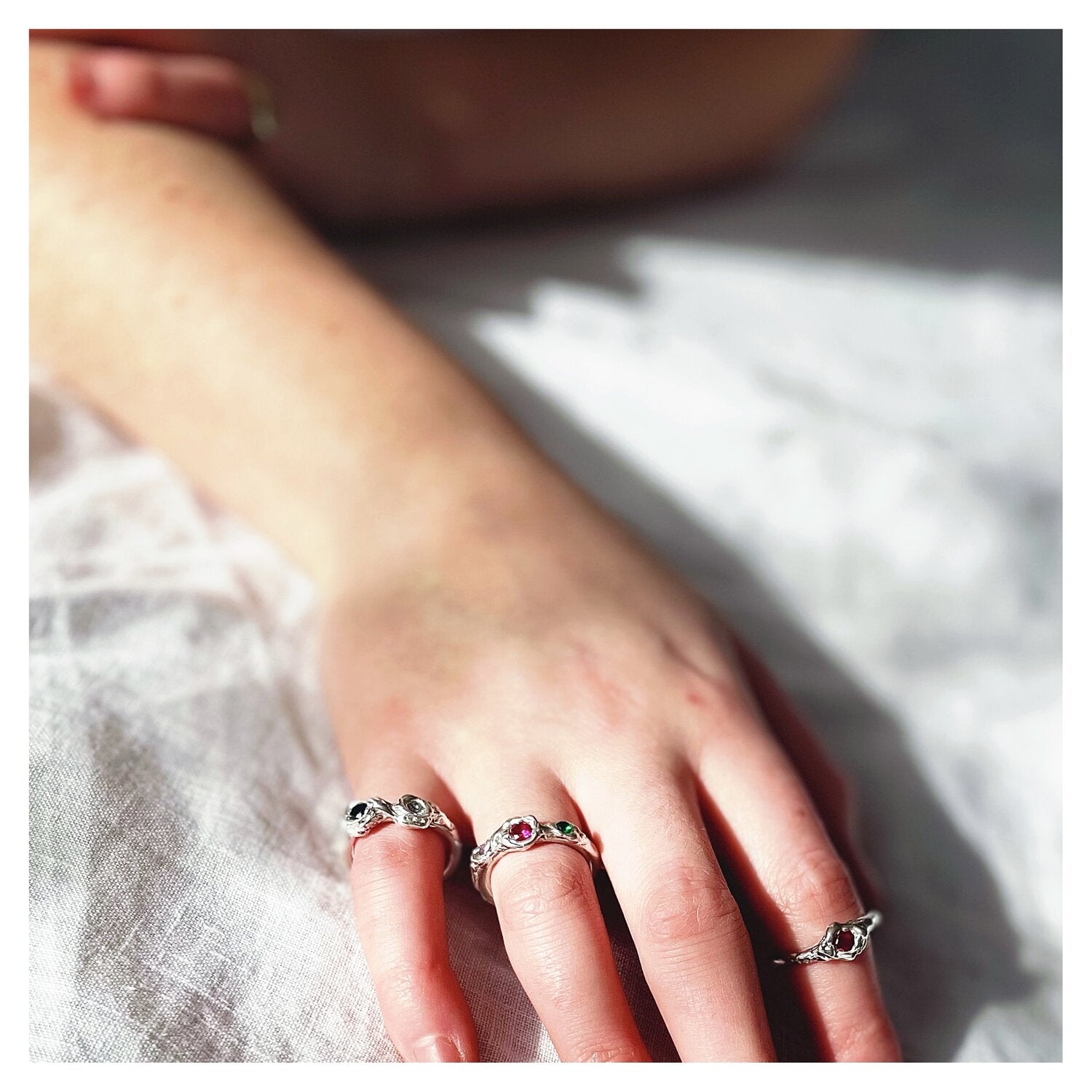 Frances-Kirk-Two-Gemstone-Molten-Textured-Ring-Sterling-Silver-9-Carat-Gold-18-Carat-Gold-Vermeil-embellished-gemstone-Lab-sapphire-Lab-Ruby-Lab-Alexandrite-Cubic-Zirconia-Diamond-Textured-Band-Stacking-Meaning-Rings