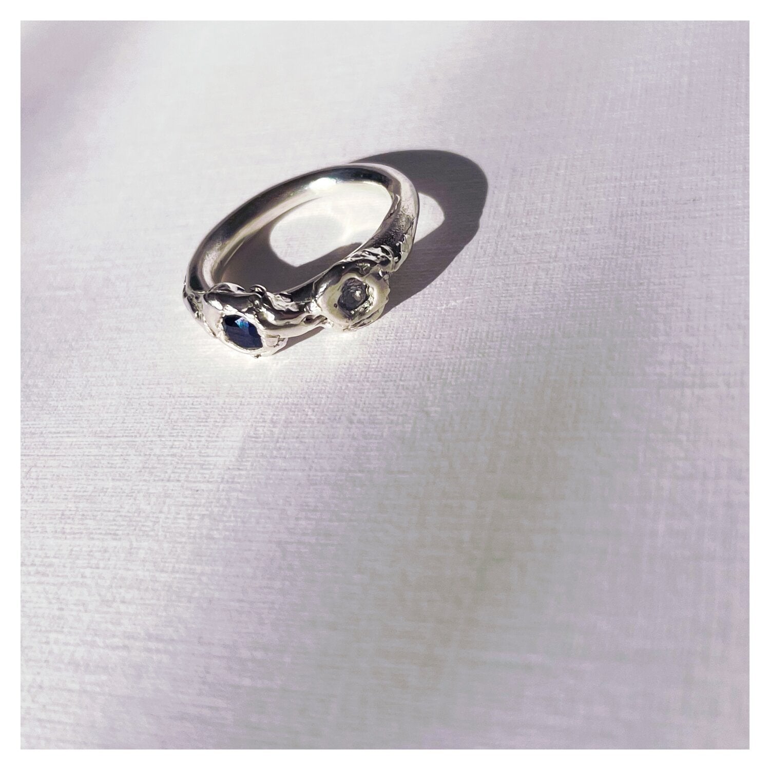 Frances-Kirk-Two-Gemstone-Molten-Textured-Ring-Sterling-Silver-9-Carat-Gold-18-Carat-Gold-Vermeil-embellished-gemstone-Lab-sapphire-Lab-Ruby-Lab-Alexandrite-Cubic-Zirconia-Diamond-Textured-Band-Stacking-Meaning-Rings