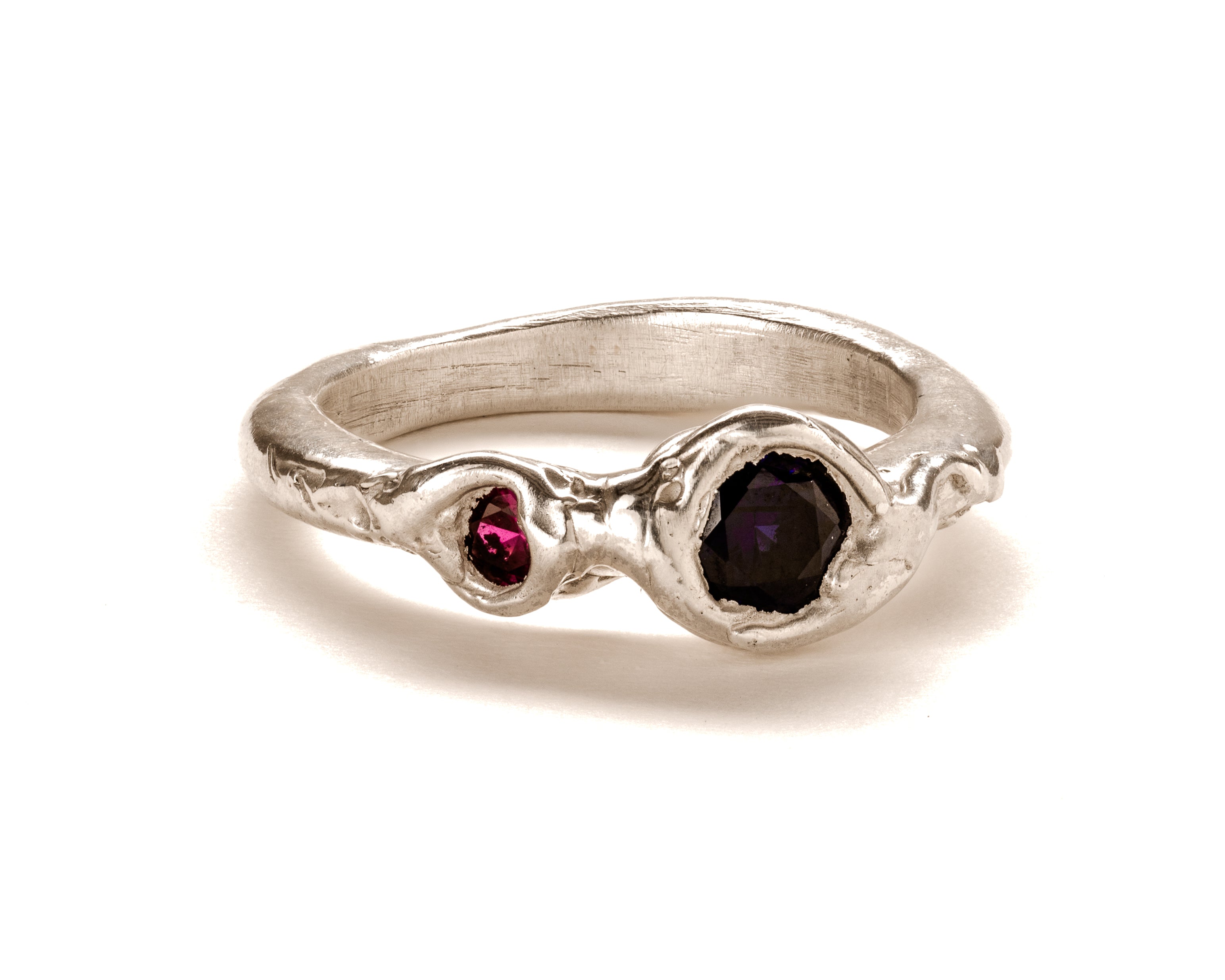 Frances-Kirk-Two-Gemstone-Molten-Textured-Ring-Sterling-Silver-9-Carat-Gold-18-Carat-Gold-Vermeil-embellished-gemstone-Lab-sapphire-Lab-Ruby-Lab-Alexandrite-Cubic-Zirconia-Diamond-Textured 