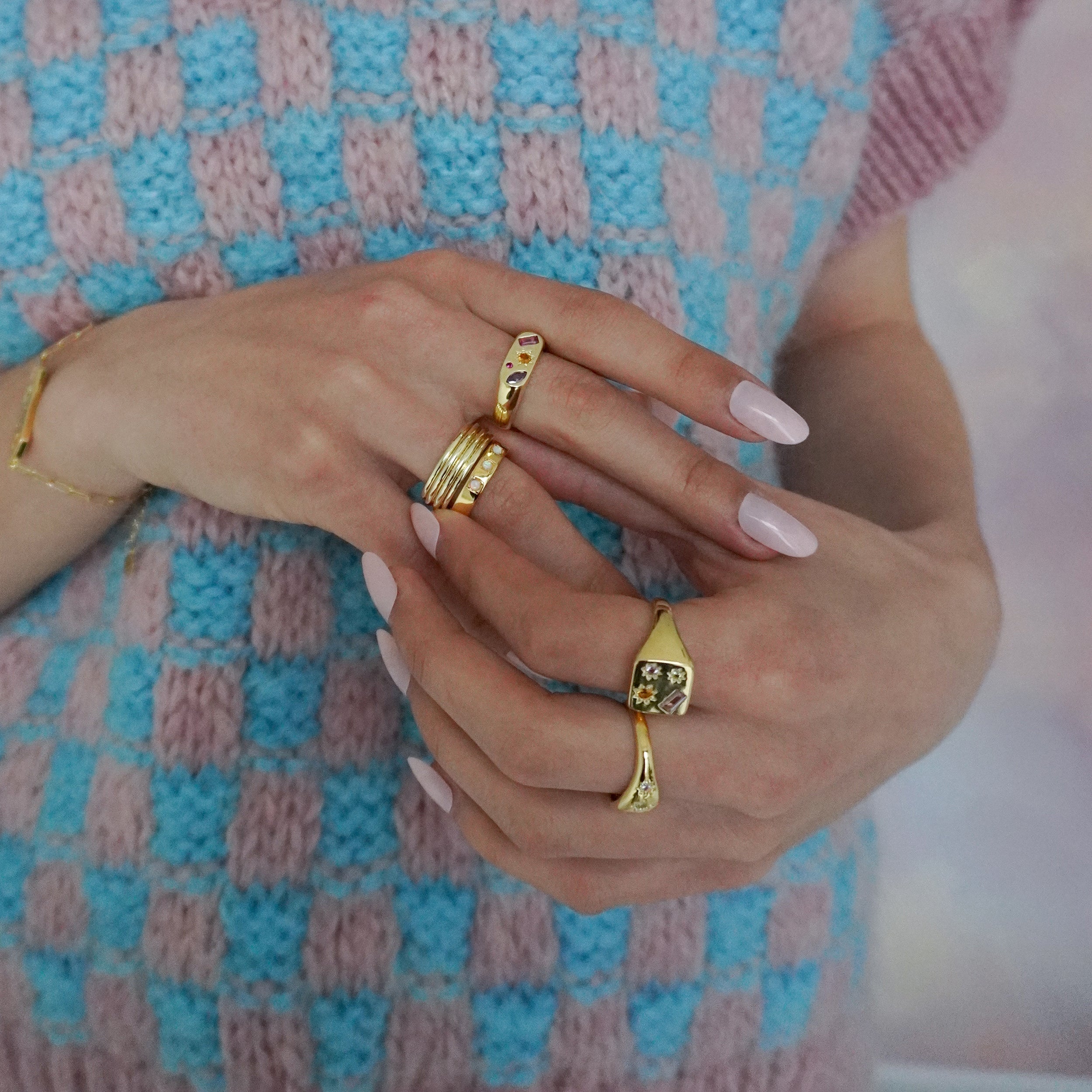 Junk-Jewels-Kaleidoscope-Gemstone-Colourful-Chunky-Signet-Ring-Gold