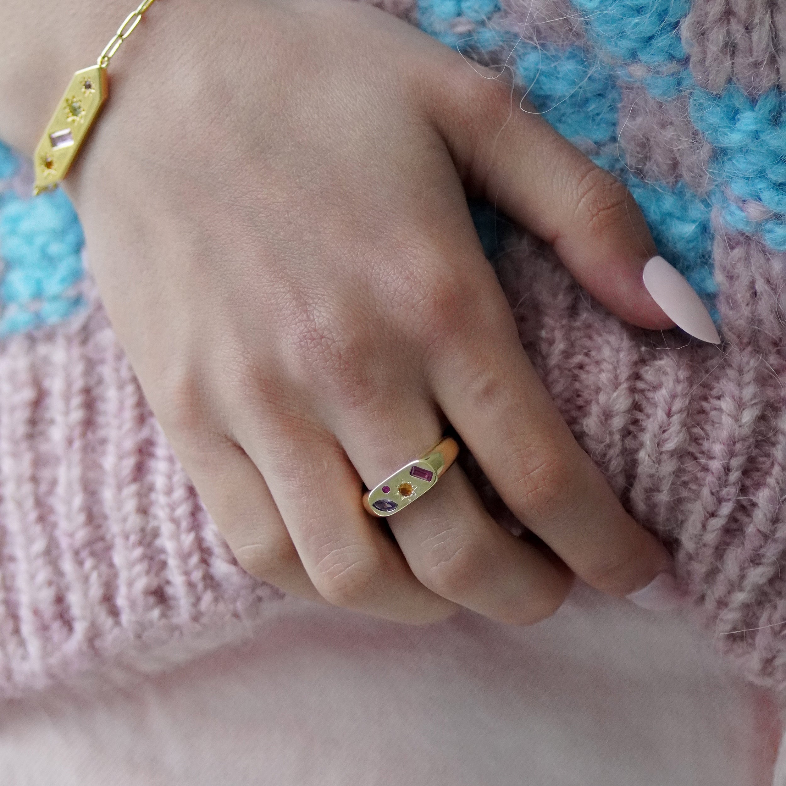 Junk-Jewels-Kaleidoscope-Gemstone-Colourful-Chunky-Signet-Ring-Gold