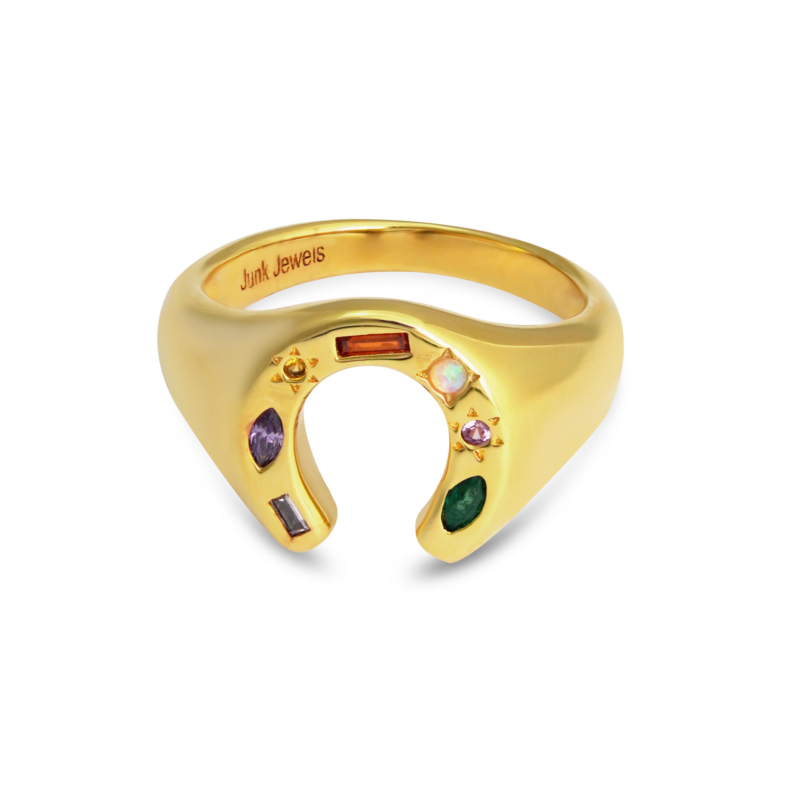 Junk-Jewels-Kaleidoscope-Lucky-Horseshoe-Charm-Multicoloured-rainbow-gemstone-stone-Signet-Ring-gold-silver