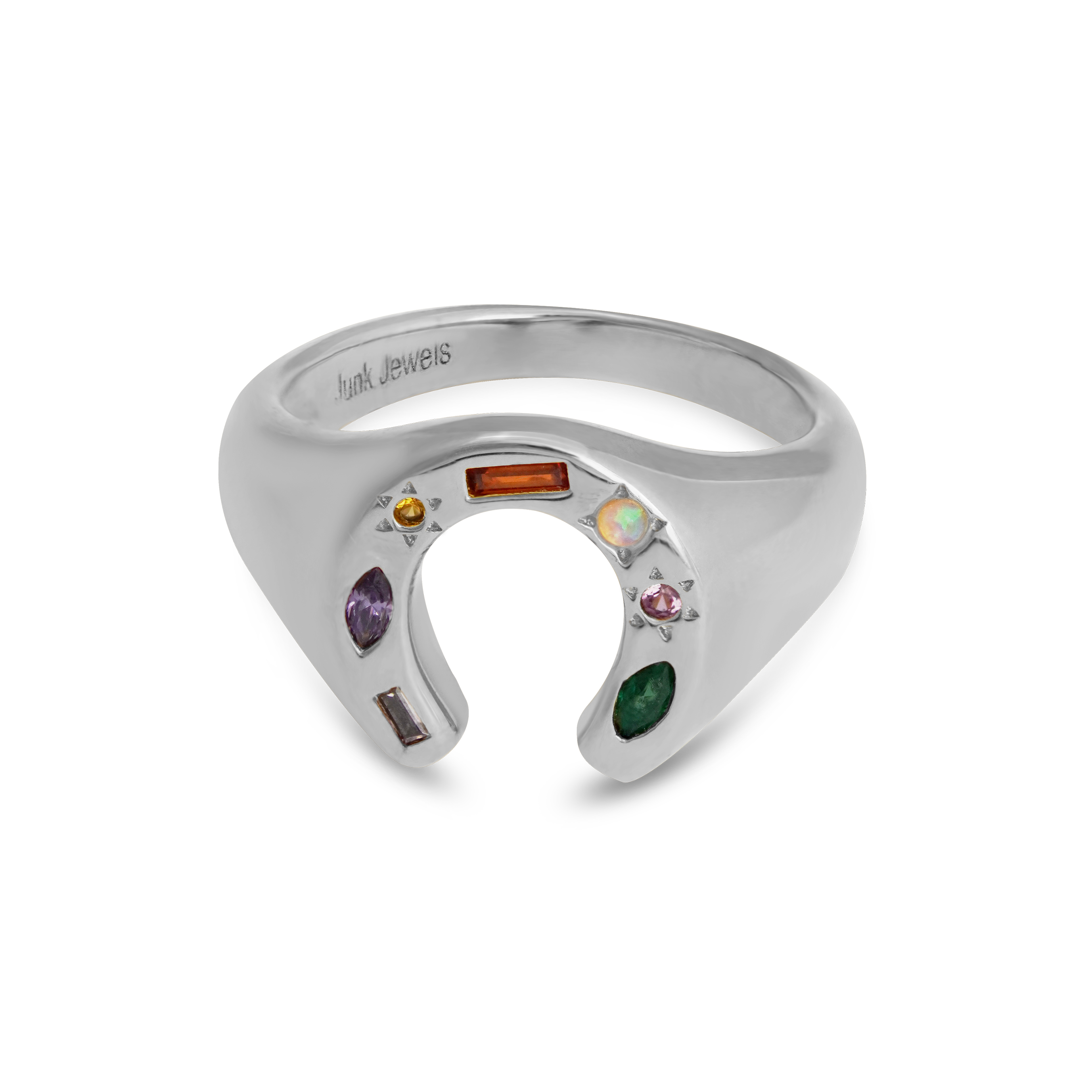 Junk-Jewels-Kaleidoscope-Lucky-Horseshoe-Charm-Multicoloured-rainbow-gemstone-stone-Signet-Ring-gold-silver