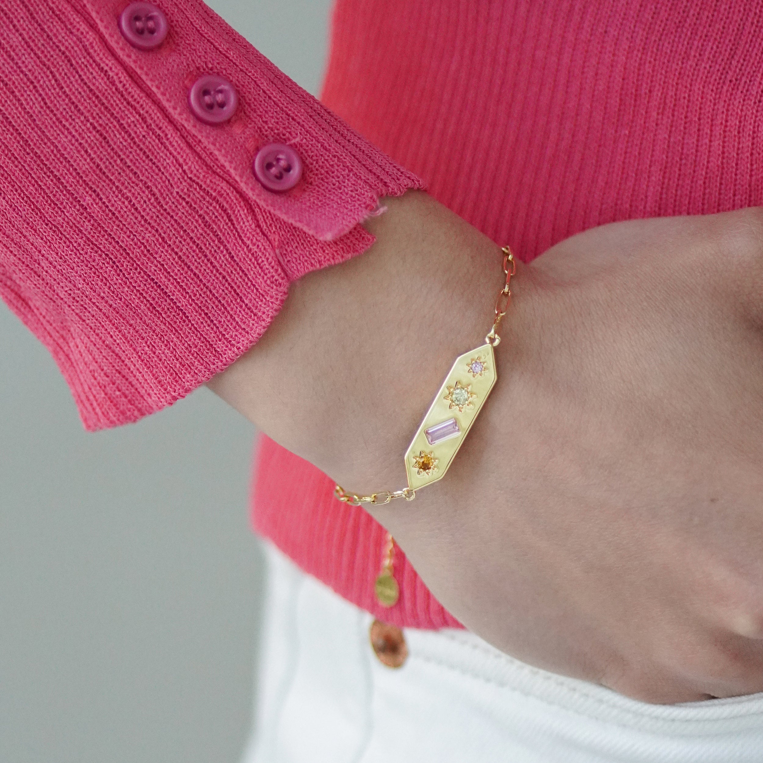 Junk-Jewels-Kaleidoscope-Rainbow-Stone-Multi-Disco-Chain-bar-pendant-Bracelet-coloured-gemstone-gold