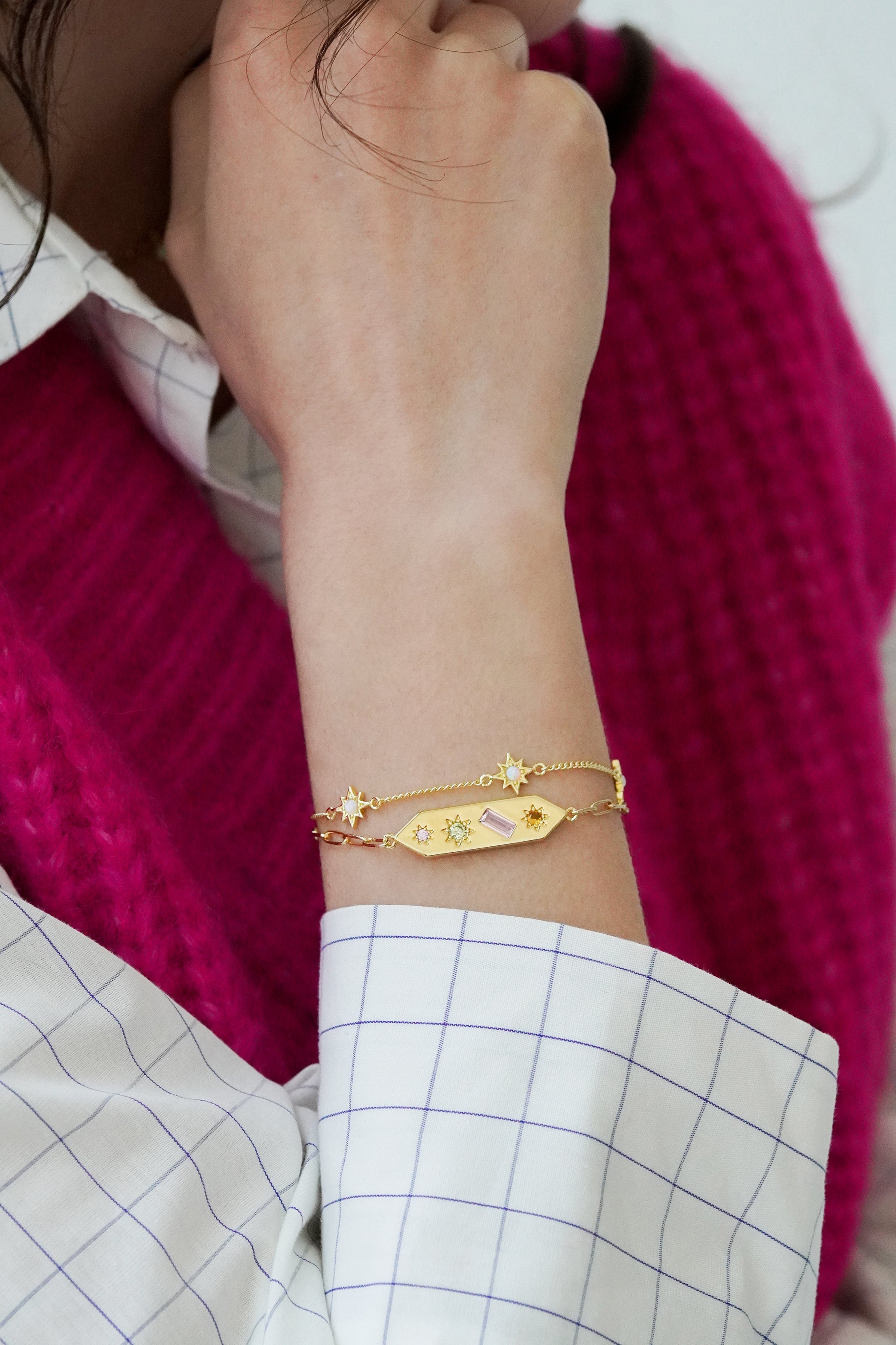 Junk-Jewels-Kaleidoscope-Rainbow-Stone-Multi-Disco-Chain-bar-pendant-Bracelet-coloured-gemstone-gold