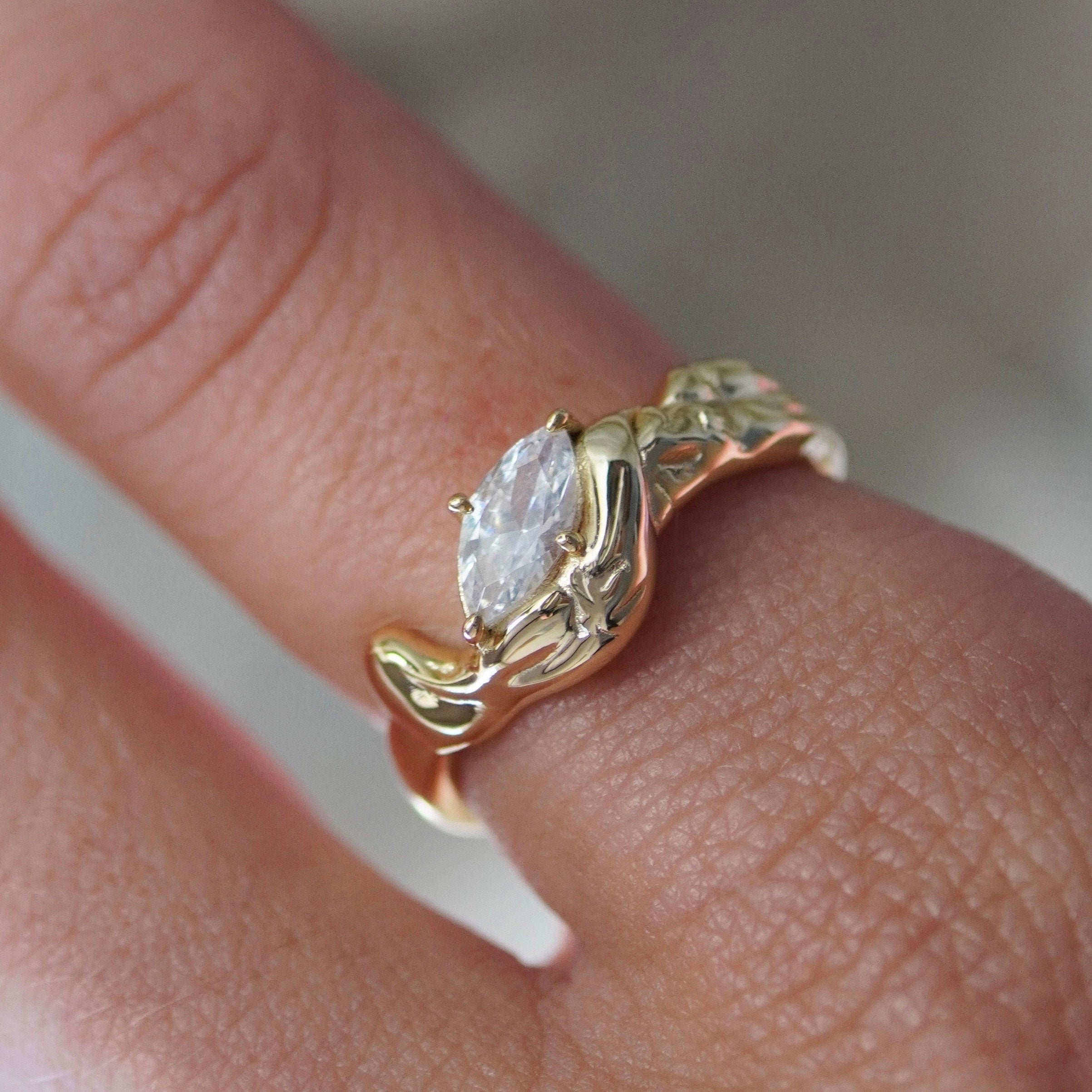 Junk-Jewels-Molten-Textured-14-Carat-Gold-Vermeil-Cubic-Zirconia-Diamond-Sterling-Silver-Stacking-Band-Ring-Solitaire-Unique