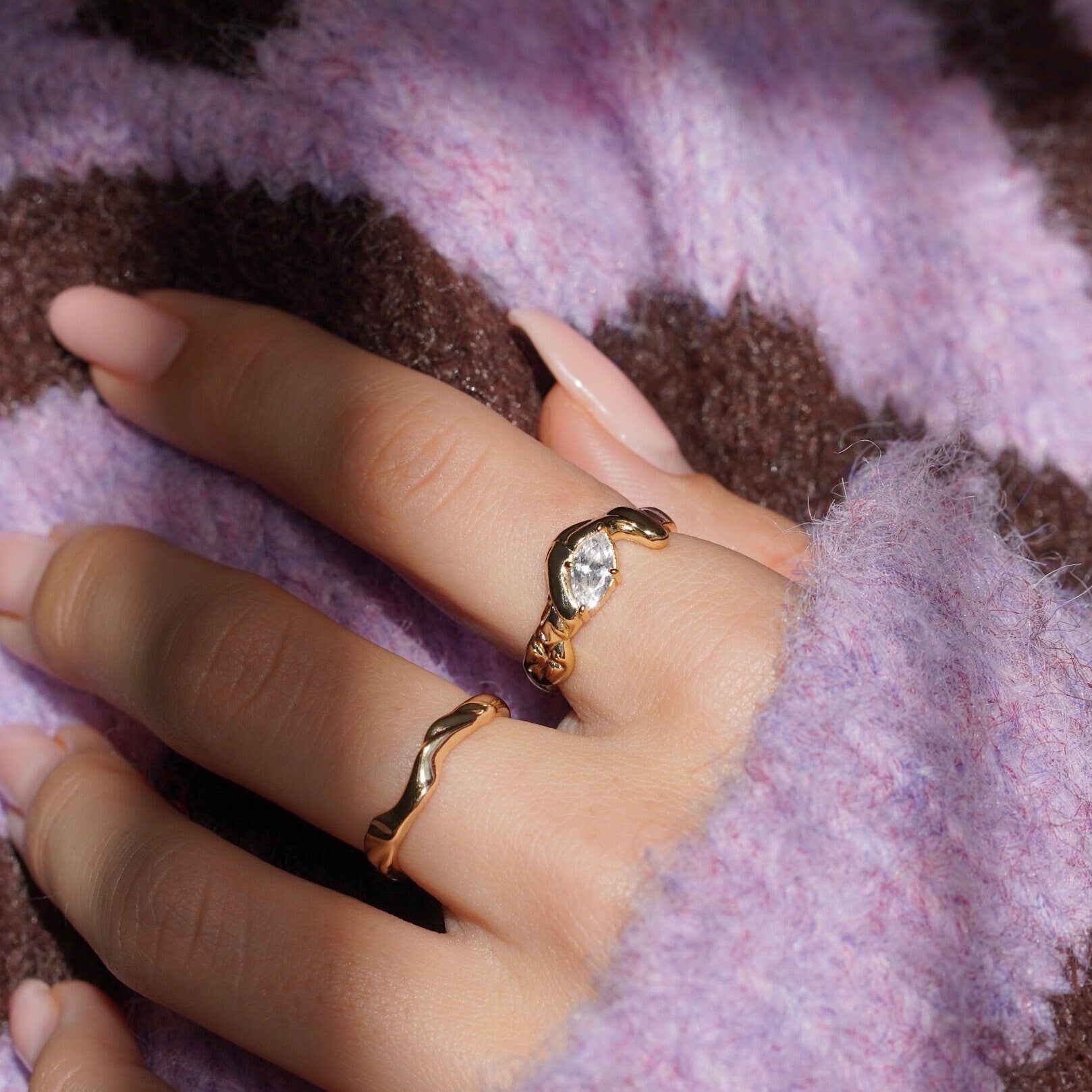 Junk-Jewels-Molten-Textured-14-Carat-Gold-Vermeil-Cubic-Zirconia-Diamond-Sterling-Silver-Stacking-Band-Ring-Solitaire-Unique