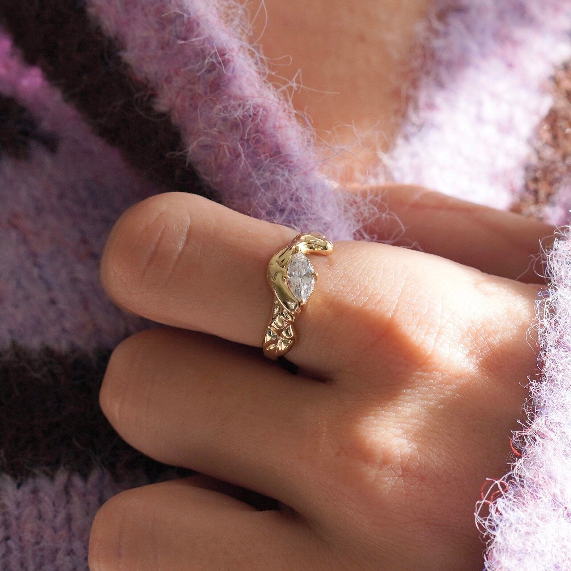 Junk-Jewels-Molten-Textured-14-Carat-Gold-Vermeil-Cubic-Zirconia-Diamond-Sterling-Silver-Stacking-Band-Ring-Solitaire-Unique