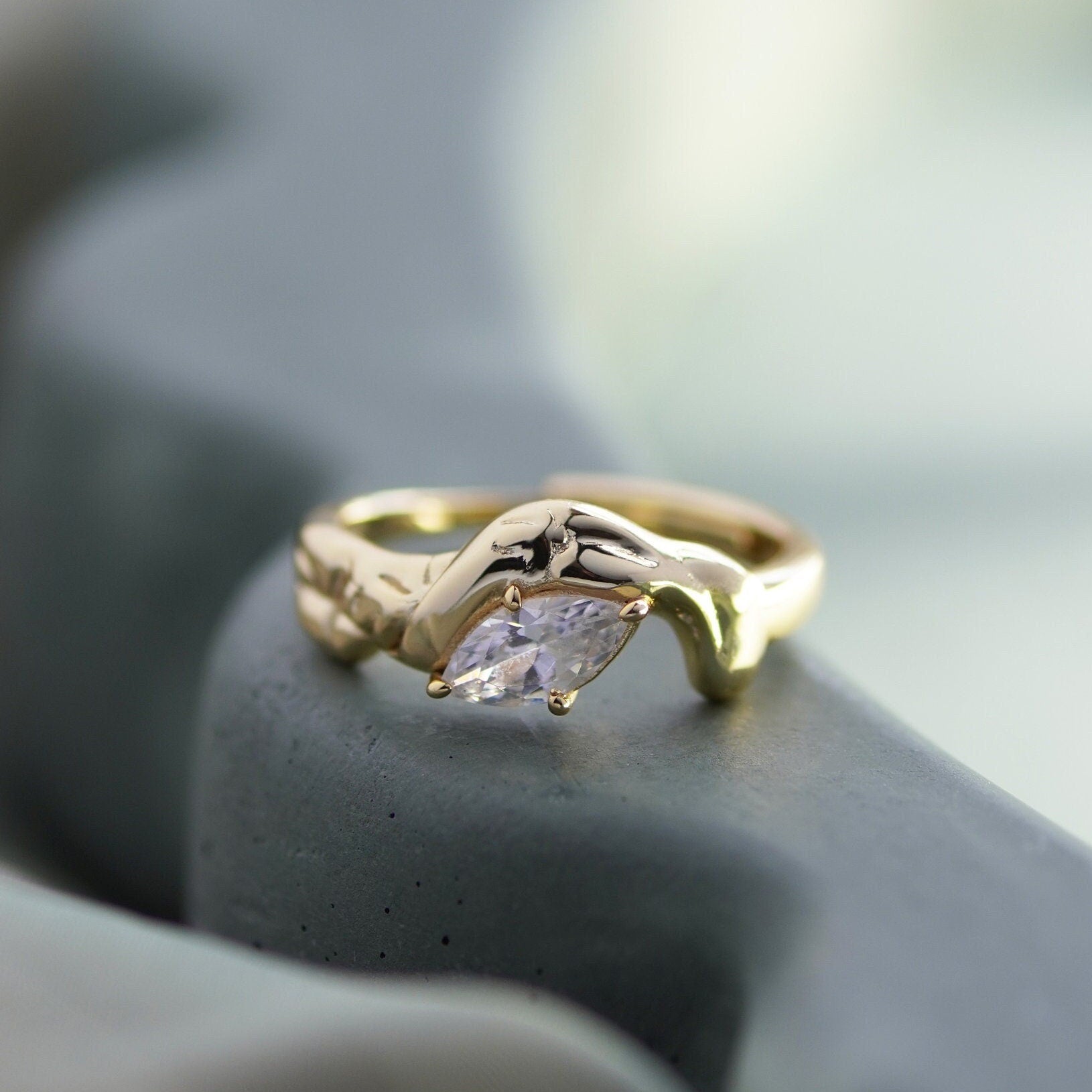 Junk-Jewels-Molten-Textured-14-Carat-Gold-Vermeil-Cubic-Zirconia-Diamond-Sterling-Silver-Stacking-Ring-Solitaire-Unique