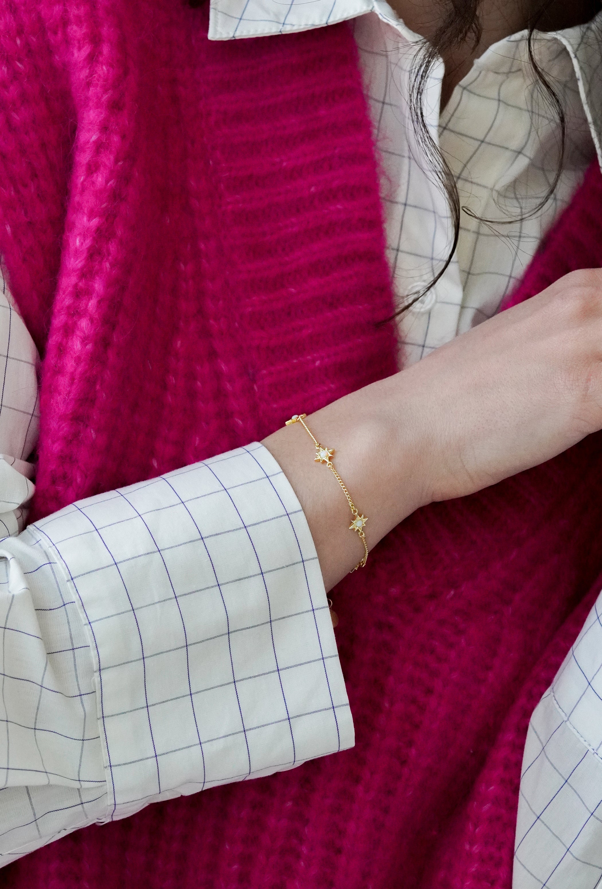 Junk-Jewels-Opal-Starburst-Star-White-Stone-Charm-Chain-Bracelet-Gold-Silver