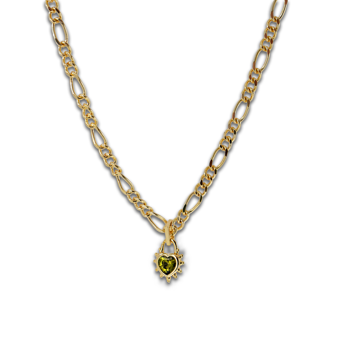 Junk-Jewels-Peridot-Heart-Pendant-Chunky-Figaro-Chain-Necklace-Gold-Plated-Stone