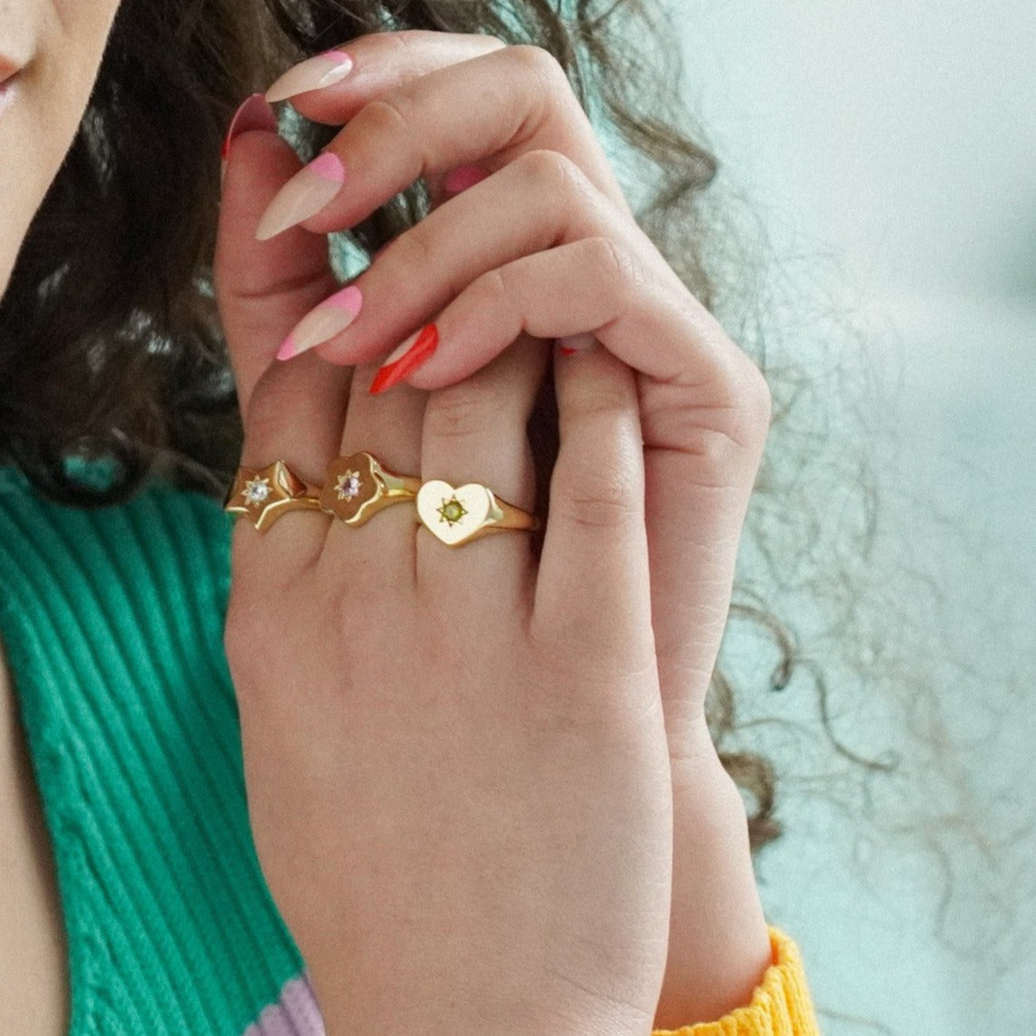 Junk-Jewels-Peridot-Green-Stone-Heart-Star-Signet-Stacking-Ring-Gold-Silver