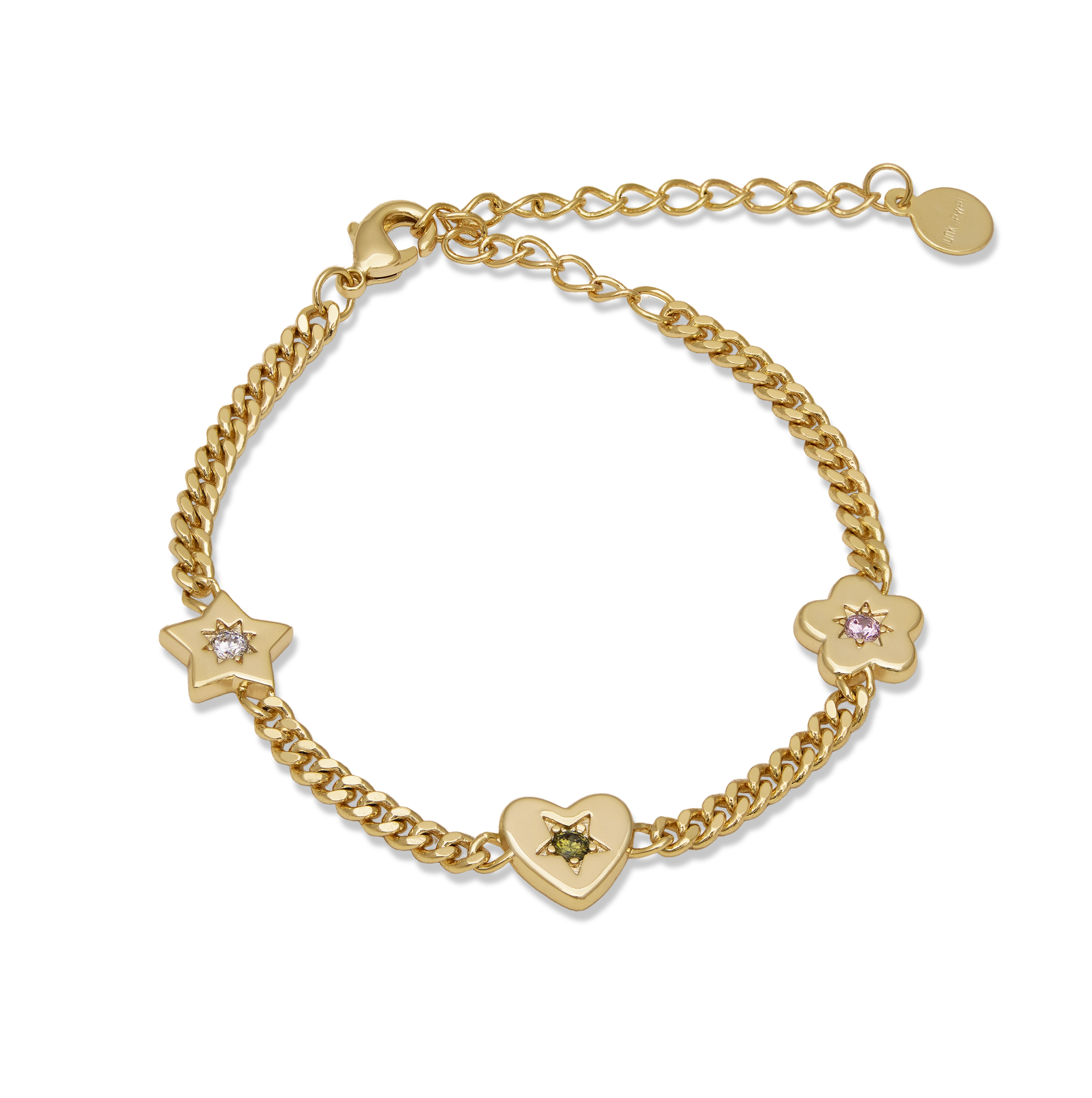 Junk-Jewels-Retro-Gemstone-Charm-Bracelet-Star-Flower--Heart-Diamond-Gemstone-Gold-Silver
