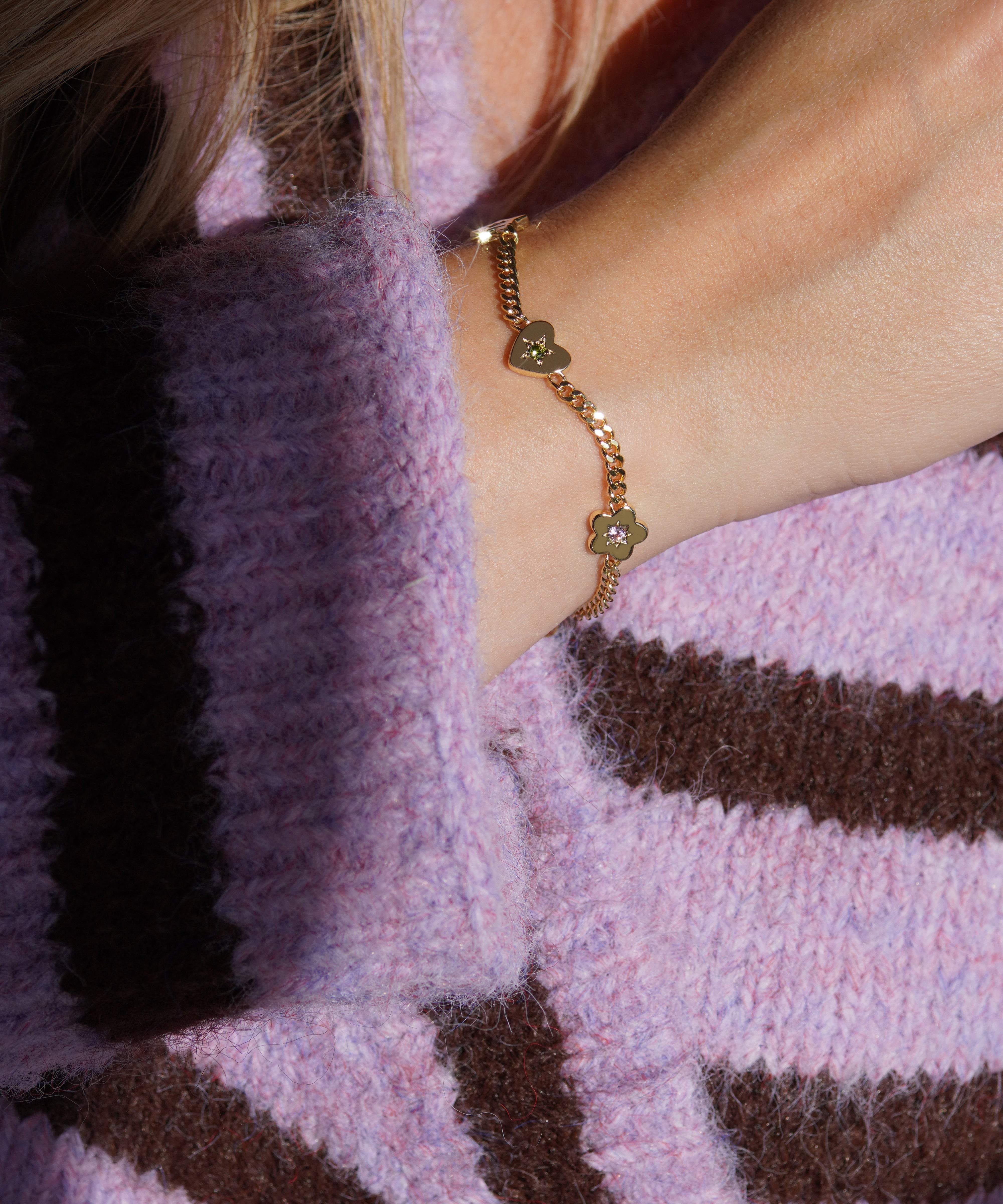 Junk-Jewels-Retro-Gemstone-Charm-Bracelet-Star-Flower-Chain-Heart-Diamond-Gemstone-Gold-Silver