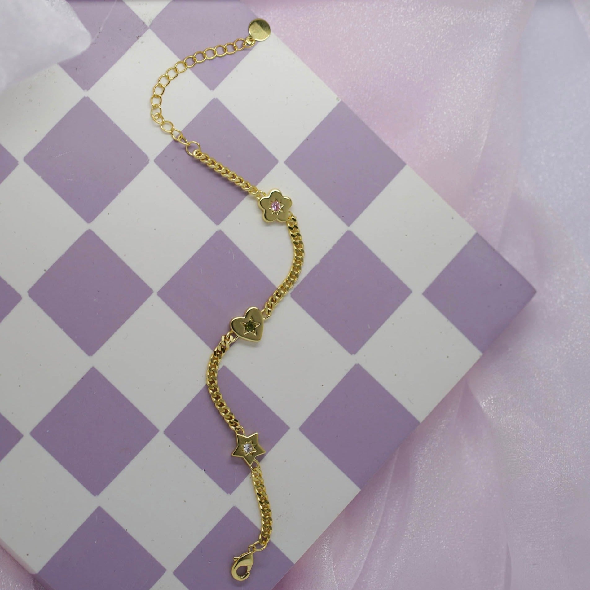 Junk-Jewels-Retro-Gemstone-Charm-Bracelet-Star-Flower-Chain-Heart-Diamond-Gemstone-Gold-Silver