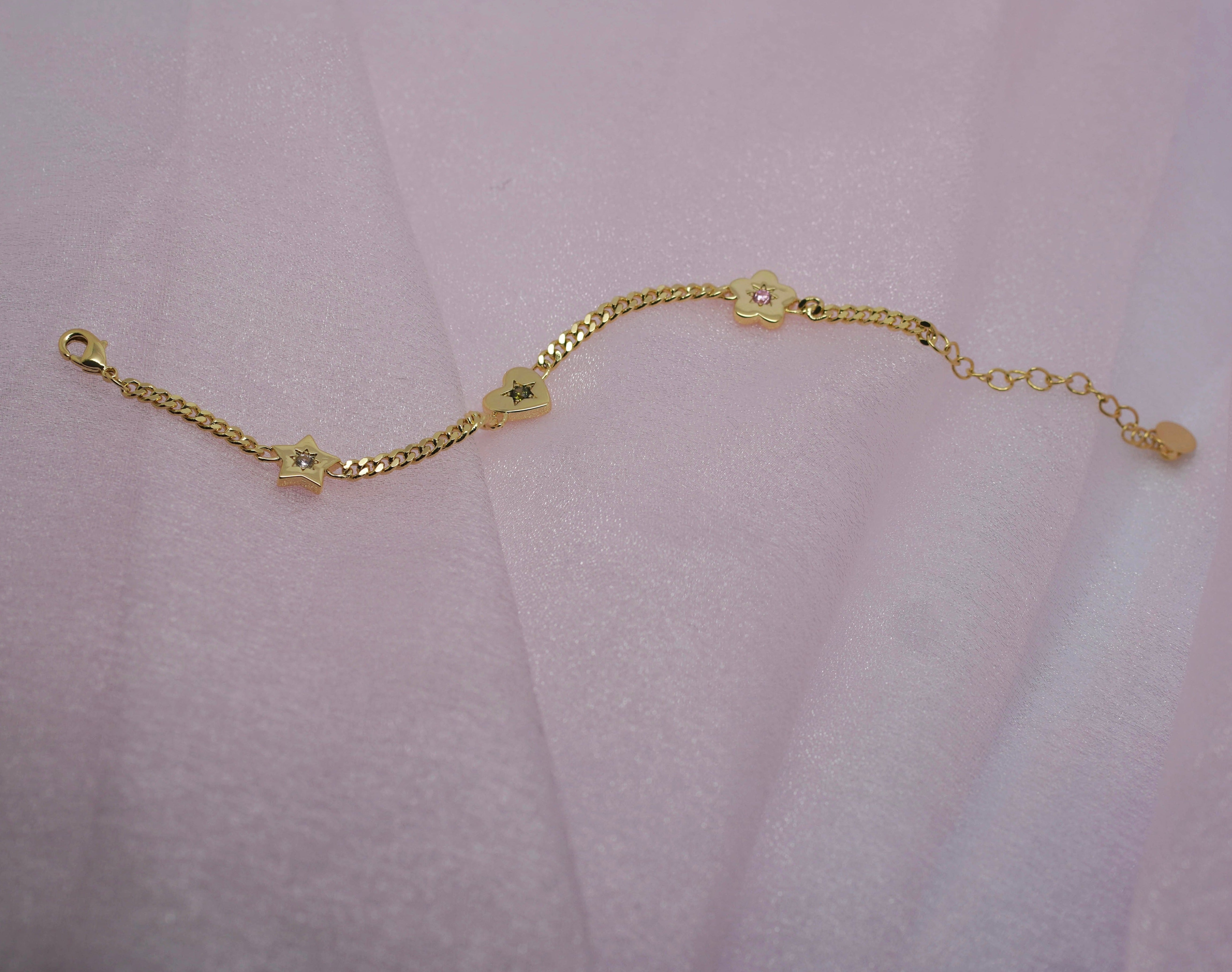 Junk-Jewels-Retro-Gemstone-Charm-Bracelet-Star-Flower-Chain-Heart-Diamond-Gemstone-Gold-Silver