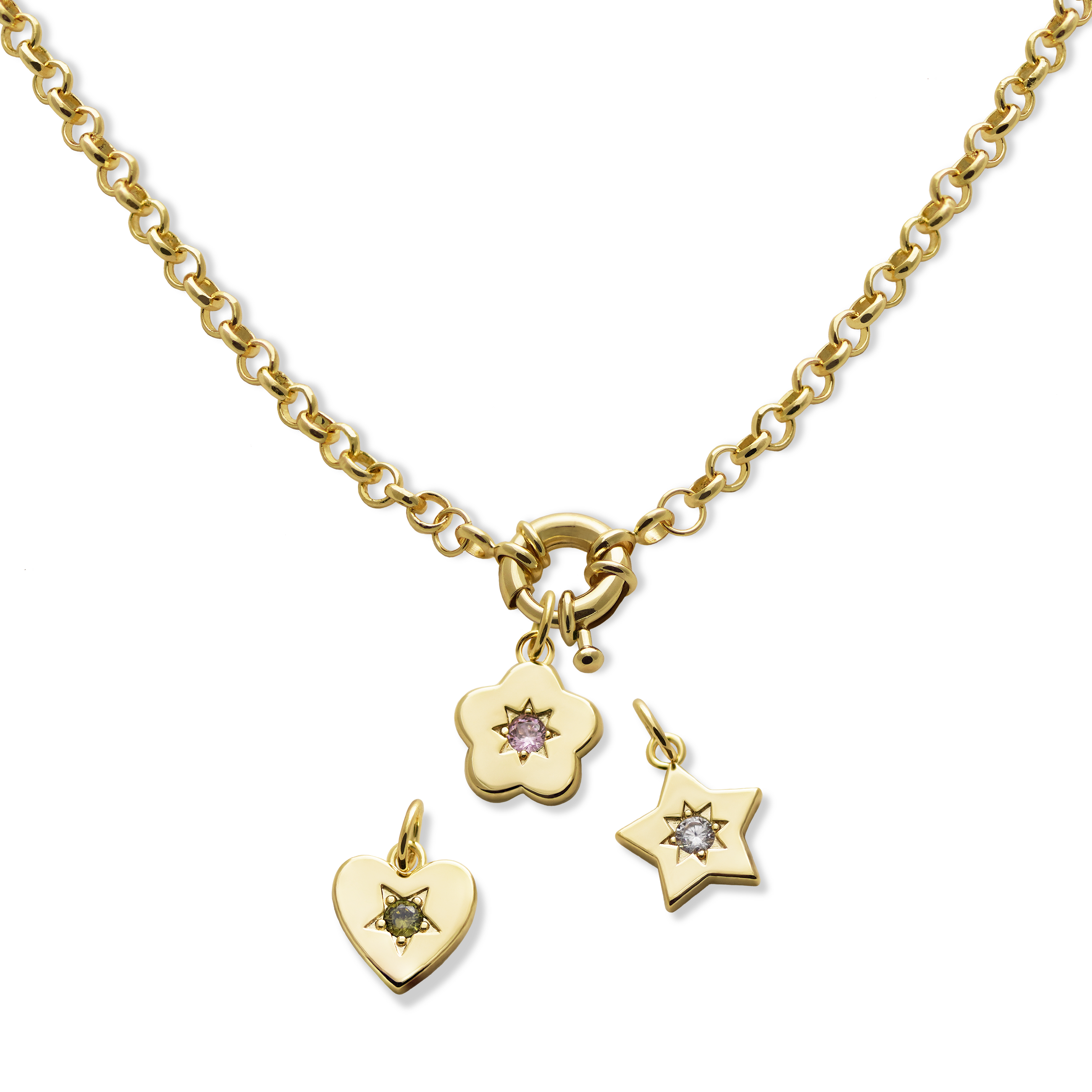 Junk-Jewels-Retro-Multi-Charm-Flower-Start-Heart-Purple-Green-Blue-Gemstone-Stone-Pendant-Chunky-Chain-Necklace-Gold-Silver