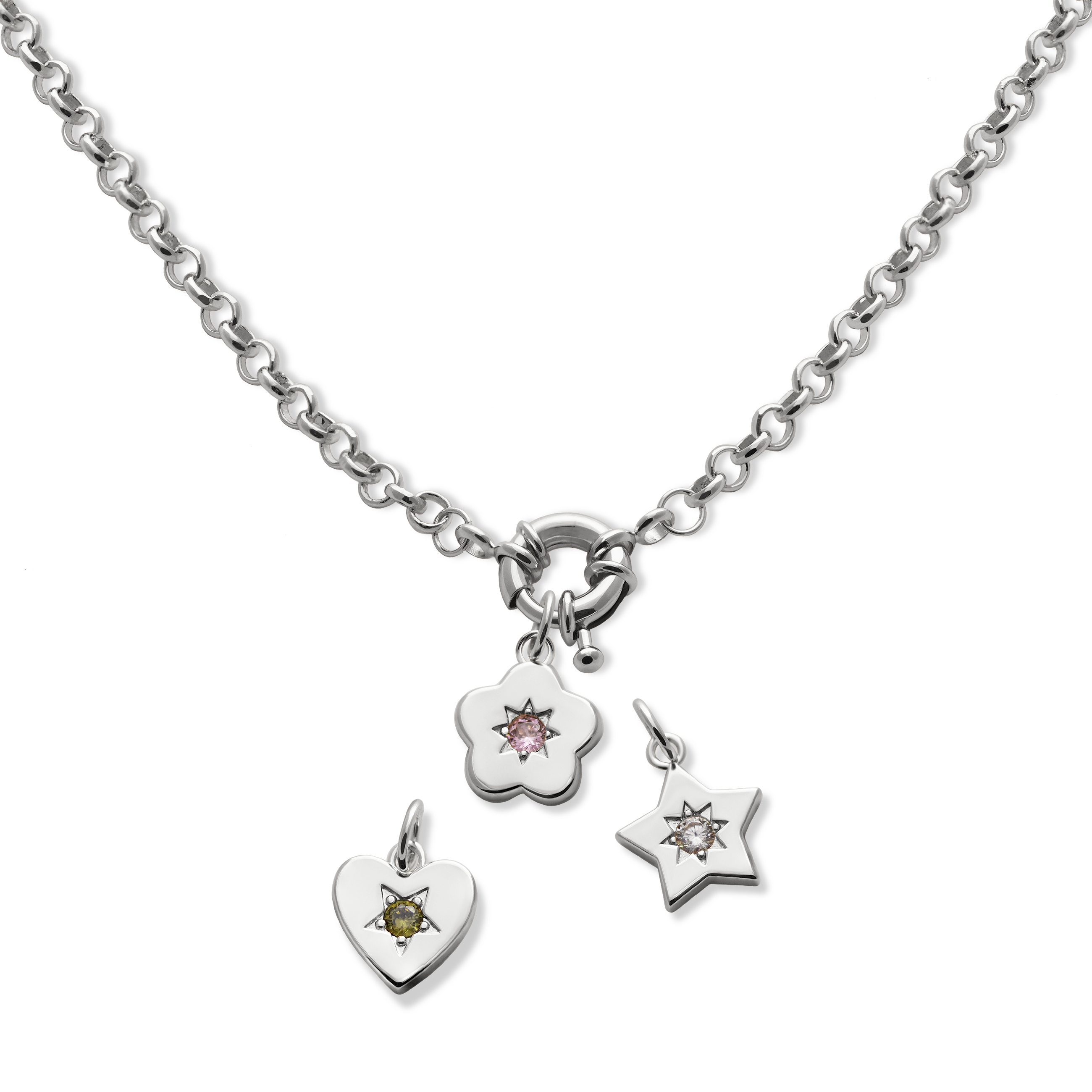 Junk-Jewels-Retro-Multi-Charm-Flower-Start-Heart-Purple-Green-Blue-Gemstone-Stone-Pendant-Chunky-Chain-Necklace-Gold-Silver