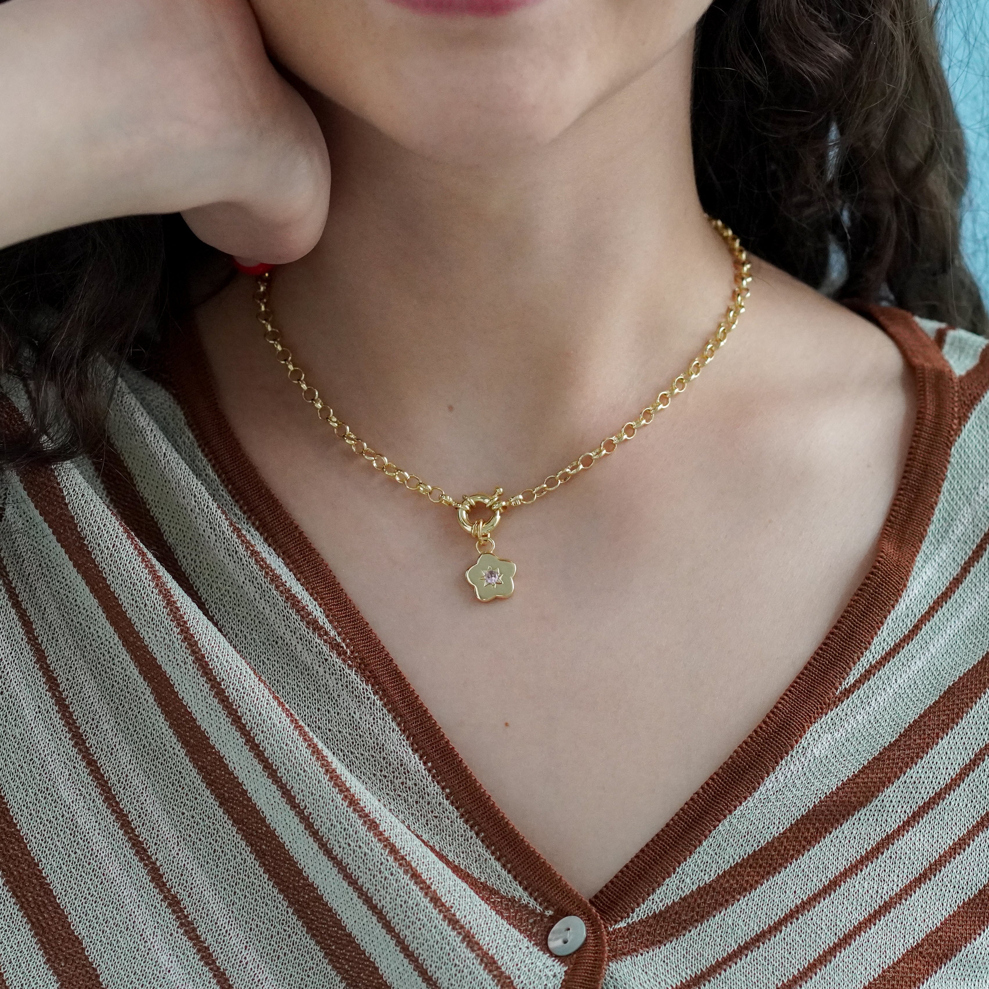 Junk-Jewels-Retro-Multi-Charm-Flower-Start-Heart-Purple-Green-Blue-Gemstone-Stone-Pendant-Chunky-Chain-Necklace-Gold-Silver