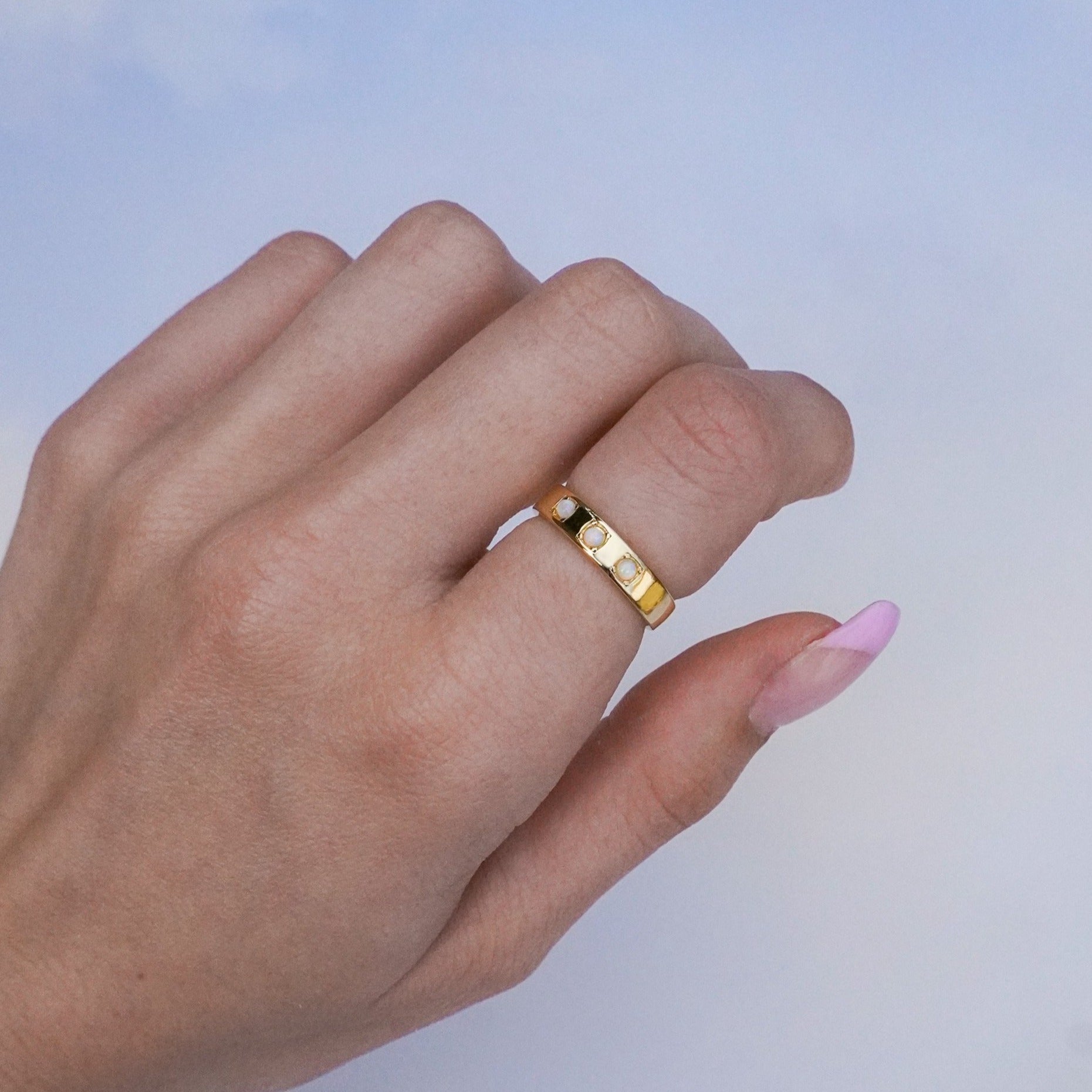 Junk-Jewels-Triple-Opal-White-Gemstone-Ring-Triple-Stone-Band-Minimal-Gold-Silver