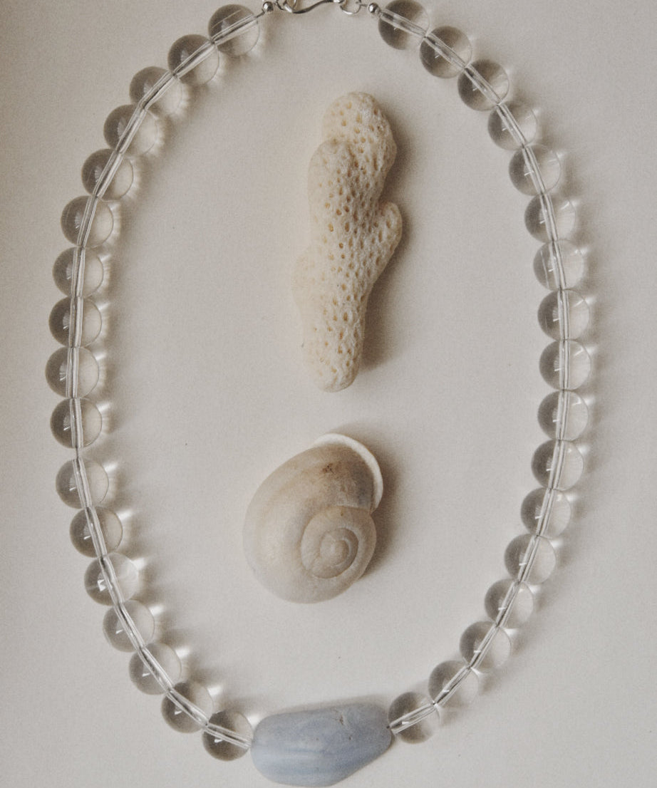 Kan-Studio-Aria-Necklace-Blue-Lace-Agate-stunning-chunky-transparent-clear-glass-beaded-beadnecklace-pale-sky-blue-lace-agate-stone-pendant-Statement-soft-colour-tones-day-evening-cool-london-handmade