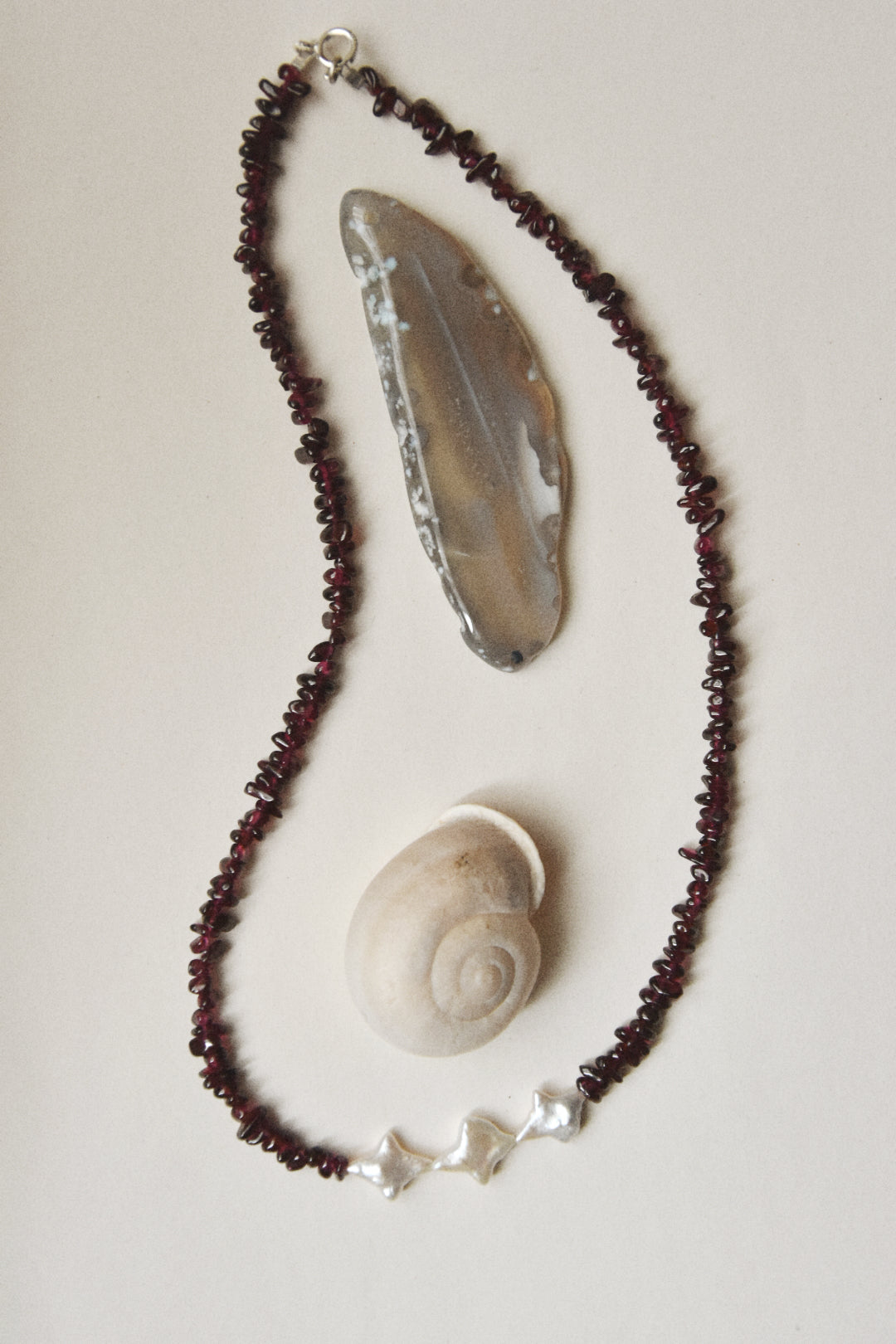 Kan-Studio-Irina-necklace-Boho-Bead-Beautiful-beaded-dark-purple-black-red-garnet-gemstone-stone-necklace-chunky-ivory-freshwater-pearl-pendant-intricate-organic-detail