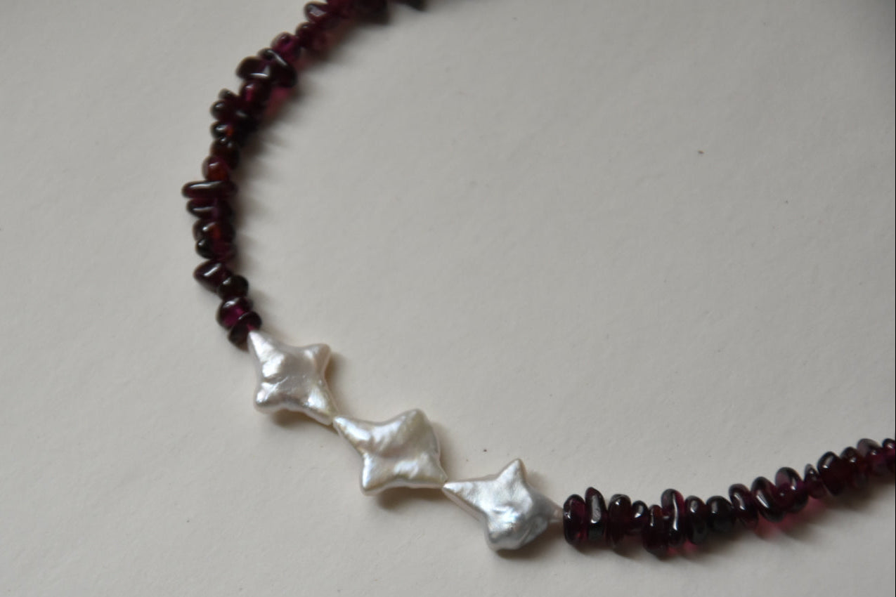 Kan-Studio-Irina-necklace-Boho-Bead-Beautiful-beaded-dark-purple-black-red-garnet-gemstone-stone-necklace-chunky-ivory-freshwater-pearl-pendant-intricate-organic-detail