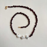 Kan-Studio-Irina-necklace-Boho-Bead-Beautiful-beaded-dark-purple-black-red-garnet-gemstone-stone-necklace-chunky-ivory-freshwater-pearl-pendant-intricate-organic-detail