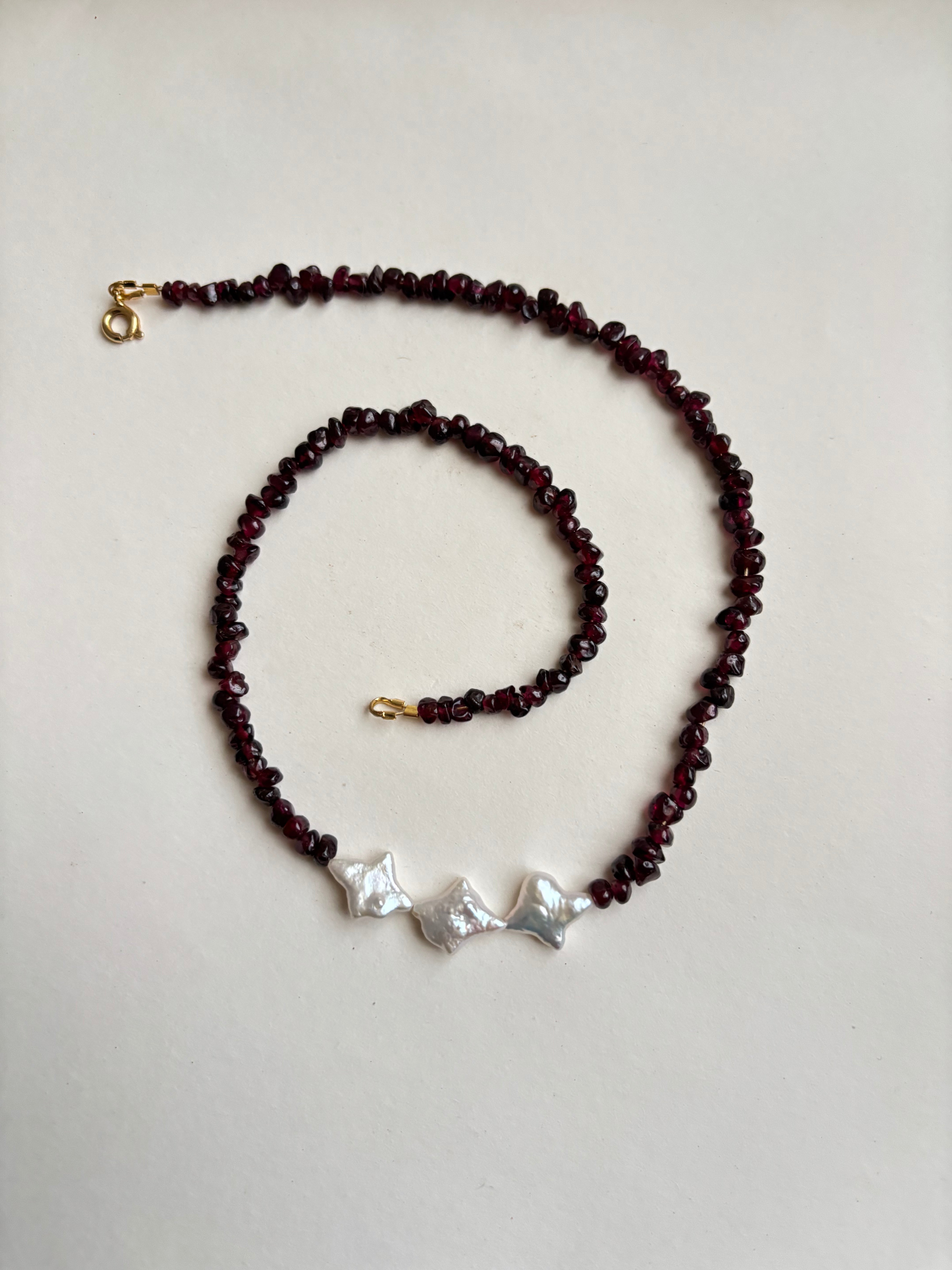 Kan-Studio-Irina-necklace-Boho-Bead-Beautiful-beaded-dark-purple-black-red-garnet-gemstone-stone-necklace-chunky-ivory-freshwater-pearl-pendant-intricate-organic-detail