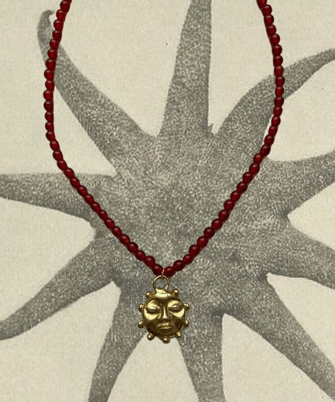 Kan-Studio-Ra-Beaded-Necklace-Red-Agate-Natural-Beads-Bead-Beaded-El-Sol-Sun-Pendant-Gold-Silver-Brass-Boho-Summer-Cool-Handmade-Jewellery-Stunning