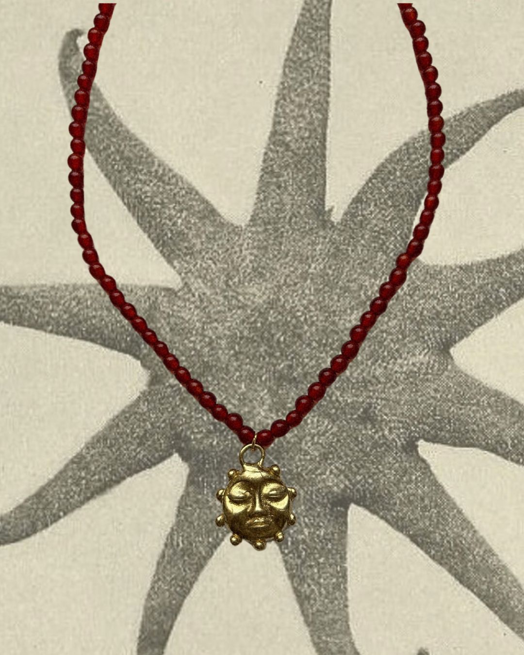 Kan-Studio-Ra-Beaded-Necklace-Red-Agate-Natural-Beads-Bead-Beaded-El-Sol-Sun-Pendant-Gold-Silver-Brass-Boho-Summer-Cool-Handmade-Jewellery-Stunning