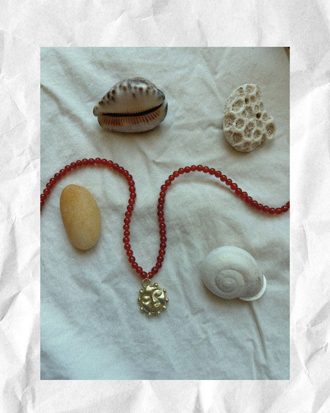 Kan-Studio-Ra-Beaded-Necklace-Red-Agate-Natural-Beads-Bead-Beaded-El-Sol-Sun-Pendant-Gold-Silver-Brass-Boho-Summer-Cool-Handmade-Jewellery-Stunning