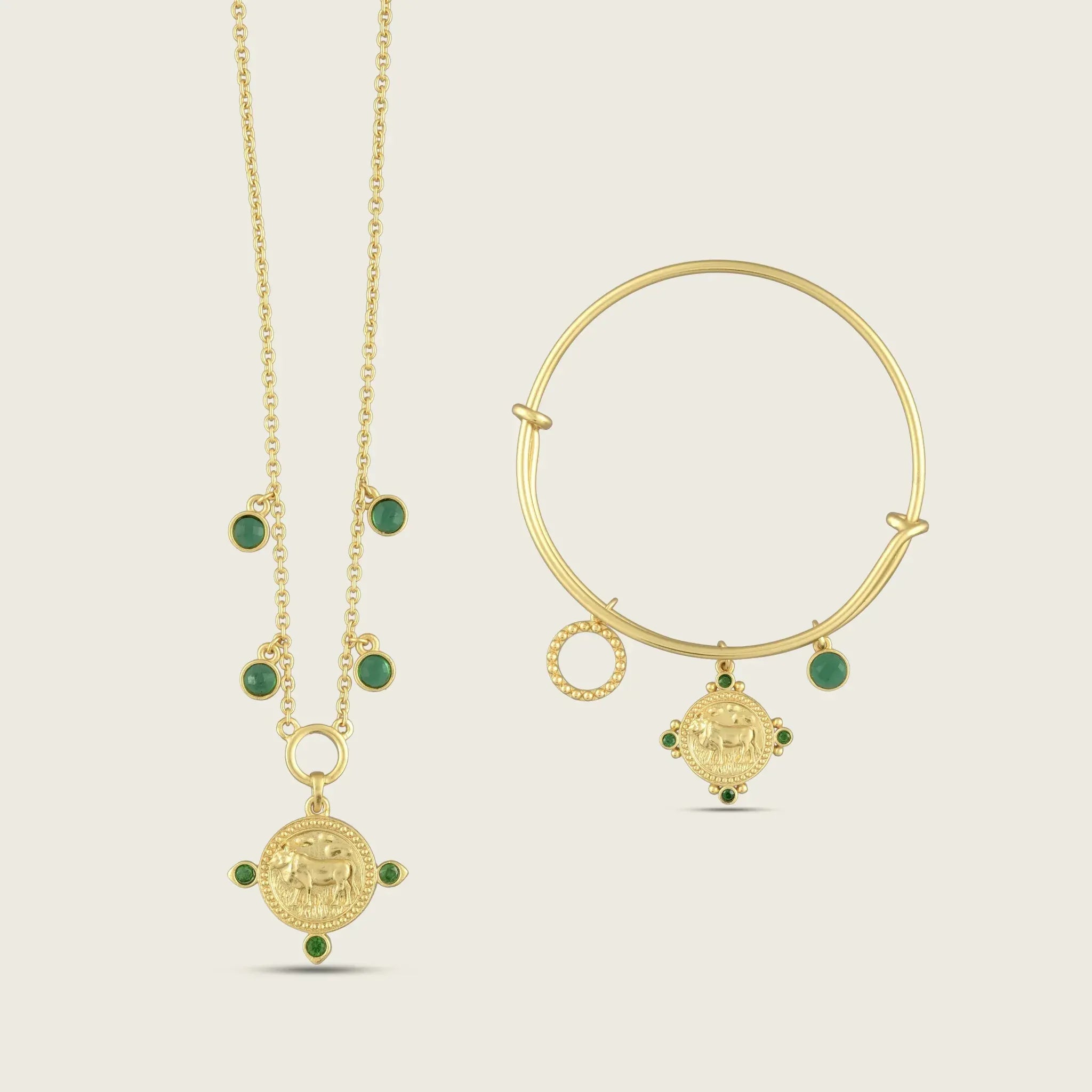 the-taurus-zodiac-bracelet-bangle-18ct-gold-vermeil-statement-cool-jewellery-vintage-antique-coin-charm-personal-star-sign-gift-everyday-meaningful-winter-sun-boho-uk-jewellery-brand-curated-at-golden-green-emerald-bangle-stoneBracelets-Kensho Heirlooms-GOLDEN-ShopGolden.co-Demifine-Jewellery-Destination-Contemporary-Curated-UK-Brands