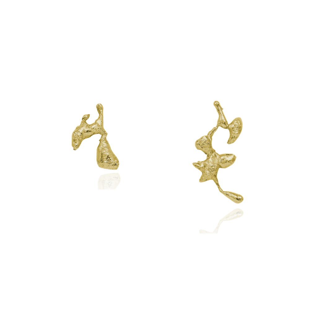 Liz-Crow-Jewellery-London-The-Noticing-18ct-Gold-Vermeil-Molten-TExtured-Odd-Asymmetric-Sculptural-Statement-Stud-Studs-Earrings