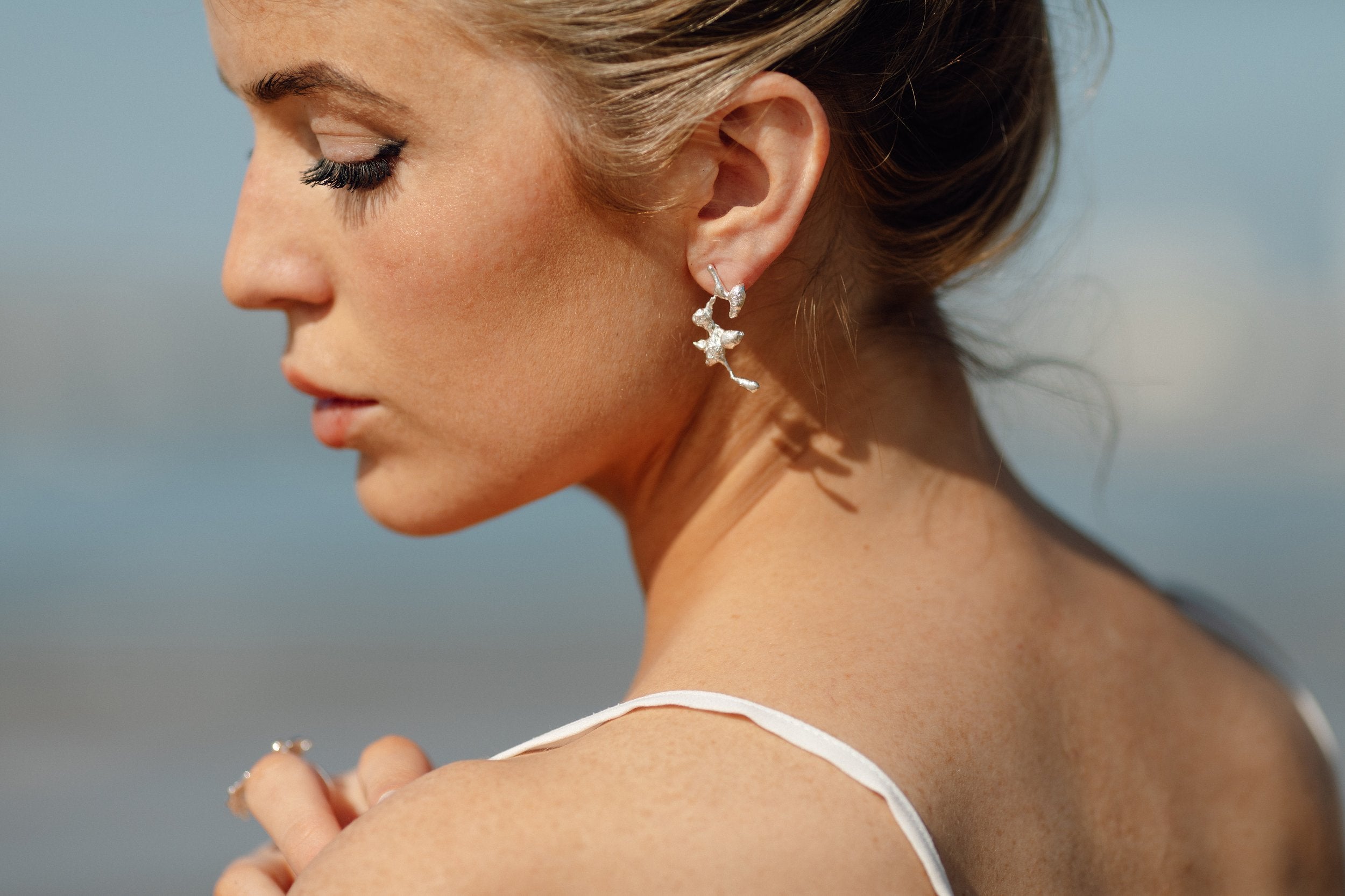 Liz-Crow-London-Jewellery-The-Noticing-Earrings-Sterling-Silver-Asymmetric-Odd-Pair-Statement-Earring-Stud-Molten-Organic-Texture