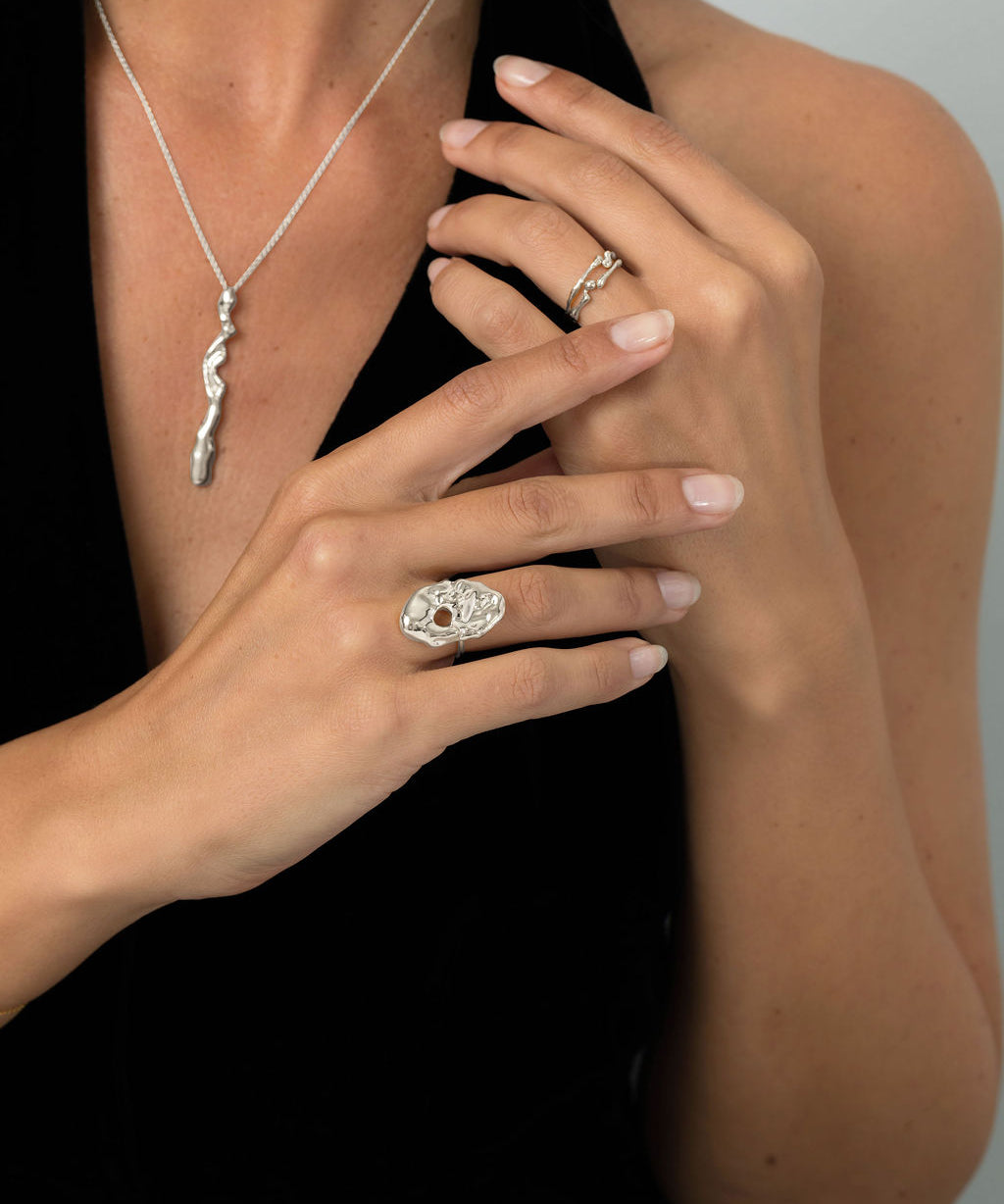 Liz-Crow-London-Resilience-Necklace-Sterling-Silver-Wiggle-Pcean-Drop-Wave-Long-Statement-Pendant-Molten-Texture-Necklace