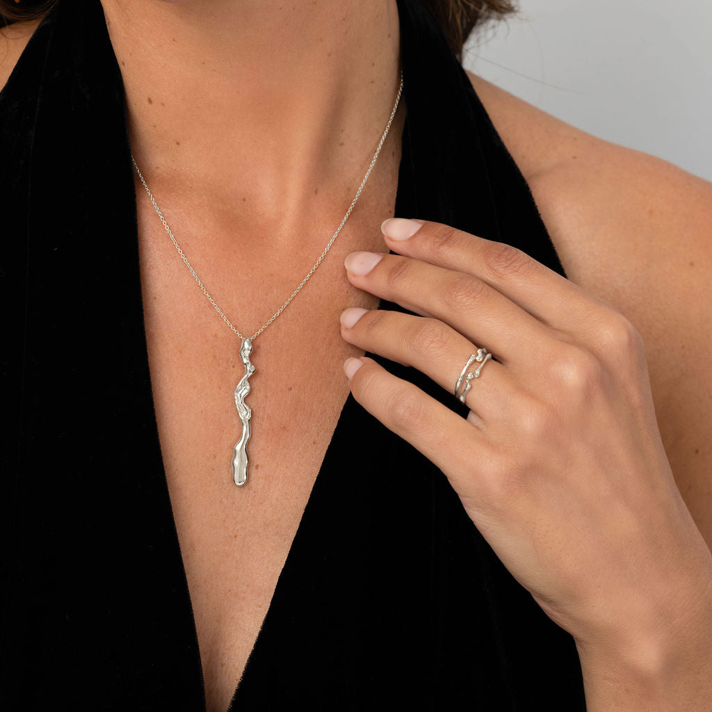 Liz-Crow-London-Resilience-Necklace-Sterling-Silver-Wiggle-Pcean-Drop-Wave-Long-Statement-Pendant-Molten-Texture-Necklace
