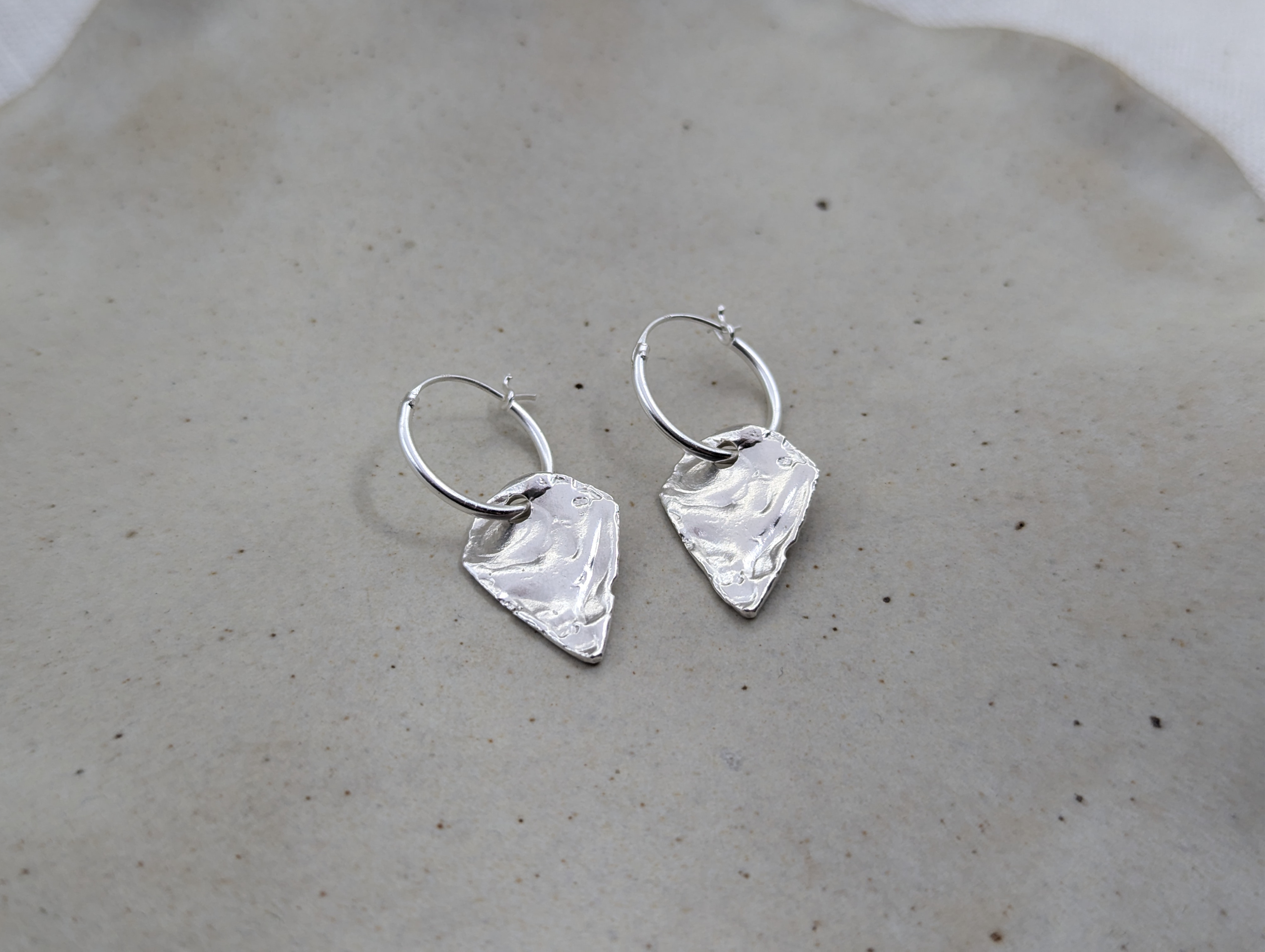 Milly-Maunder-Arma-Shield-Pendant-Drop-Huggies-Hoop-Earring-Textured-Pendant-Sterling-Silver-Silver-Stacking