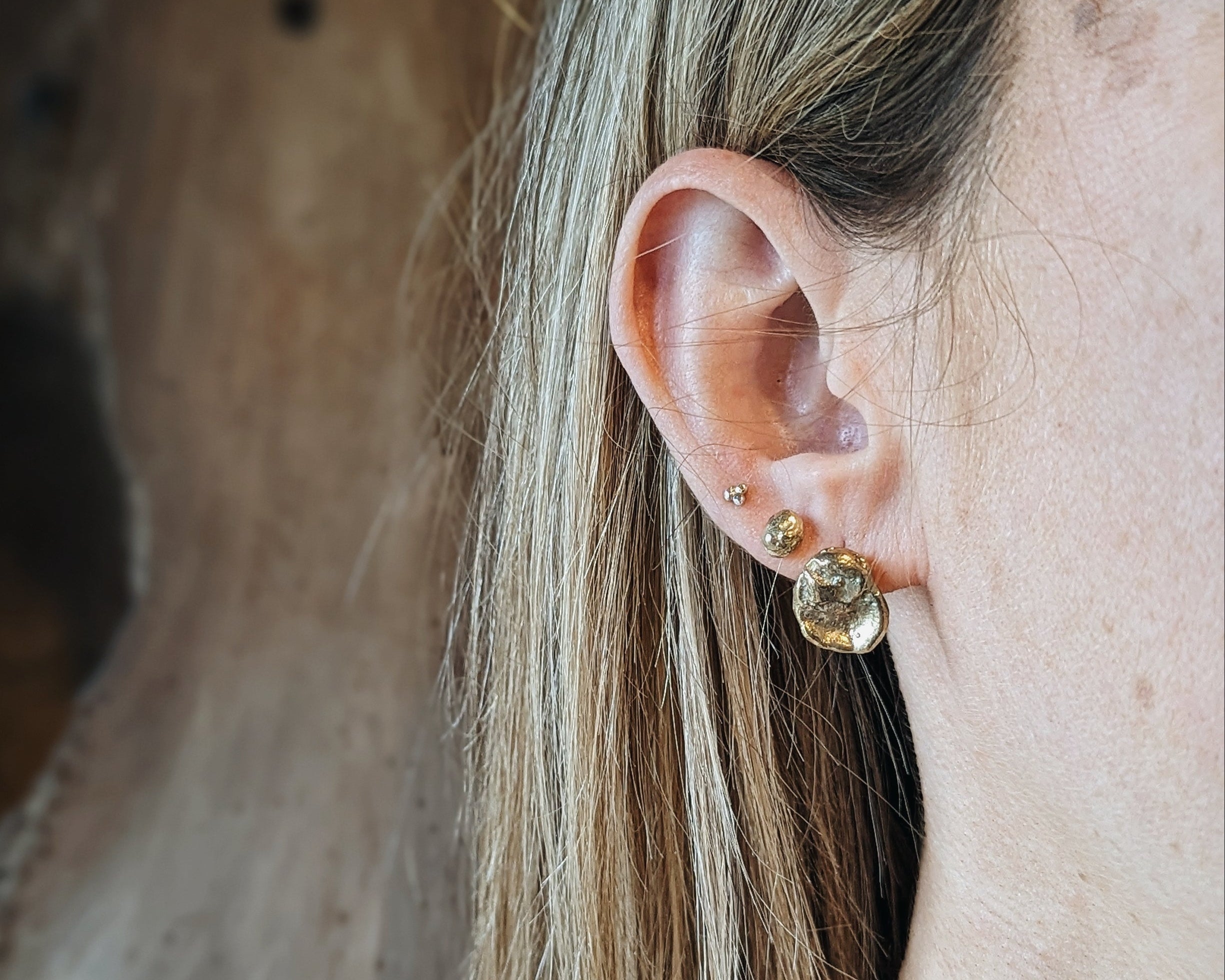 Milly-Maunder-Dara-Studs-Earrings-Stud-18ct-Gold-Plated-Small-Statement-Disc-Coin-Textured-Organic-Molten