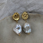 Milly-Maunder-Dara-and-Pearl-Studs-Textured-Gold-Plated-18ct-Disc-Circle-Freshwater-Baroque-Bead-Drop-Dangle-Statement-Earring-Earrings